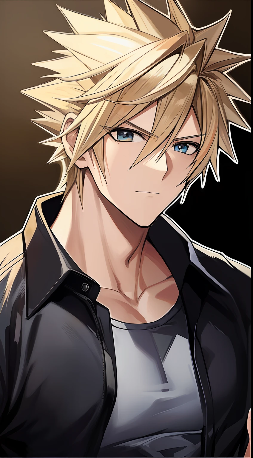 ((Oil Painting)), ((Manga: 2.0)), ((Drawing superior detailed quality: 2.0)) . Male character ((Cloud Strife)), serious, muscle, two third front views . (((2D: 2.0))), ((black line: 2.0)), ((color: 2.0)), ((clean: 2.0)), ((color contrast: 2.0)), ((black outline: 2.0)), ((black outline background: 2.0)) .
