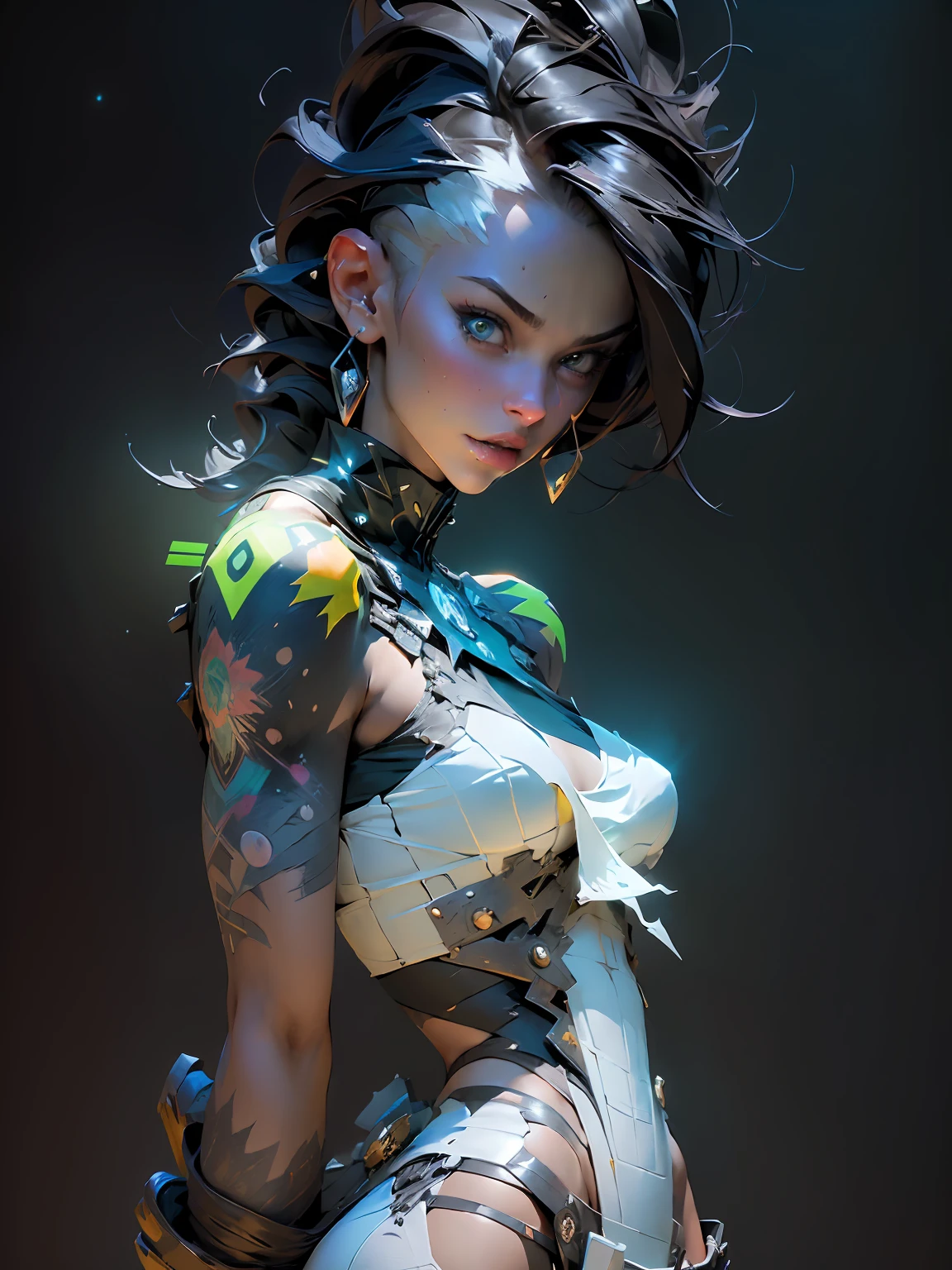 ((Best quality)), ((masterpiece)), (detailed: 1.4), woman defined body, full body, bare thighs, body parts covered by futuristic retro clothing with various stickers glued by the body, green is the predominant color in clothing, use blue, yellow and a little white, tanned and sweaty skin, (((large breasts)) perfect, generous neckline, pastel, black mohawk hair with small white locks, short underwear, garter belt, by mucha, niji, close to real, best quality, almost naked, psychopath, crazy face, action pose, sexy pose, starry night background, imitating outfit, hexagonal tattoos, green bra with white stars, 5-pointed stars painted the breasts, (((clothes with the colors of the flag of Brazil))), shoulder pads with pointed pins, red eyes without pupils, --niji 5, expressive style --s 400, HDR (High Dynamic Range),Ray Tracing,NVIDIA RTX,Super-Resolution,Unreal 5,Subsurface dispersion, PBR texture, Post-processing, Anisotropic filtering, Depth of field, Maximum clarity and sharpness, Multilayer textures, Albedo and specular maps, Surface shading, Accurate simulation of light-material interaction, Perfect proportions, Octane Render, Two-tone lighting, Wide aperture, Low ISO, White balance, Rule of thirds, 8K RAW, crysisnanosuit