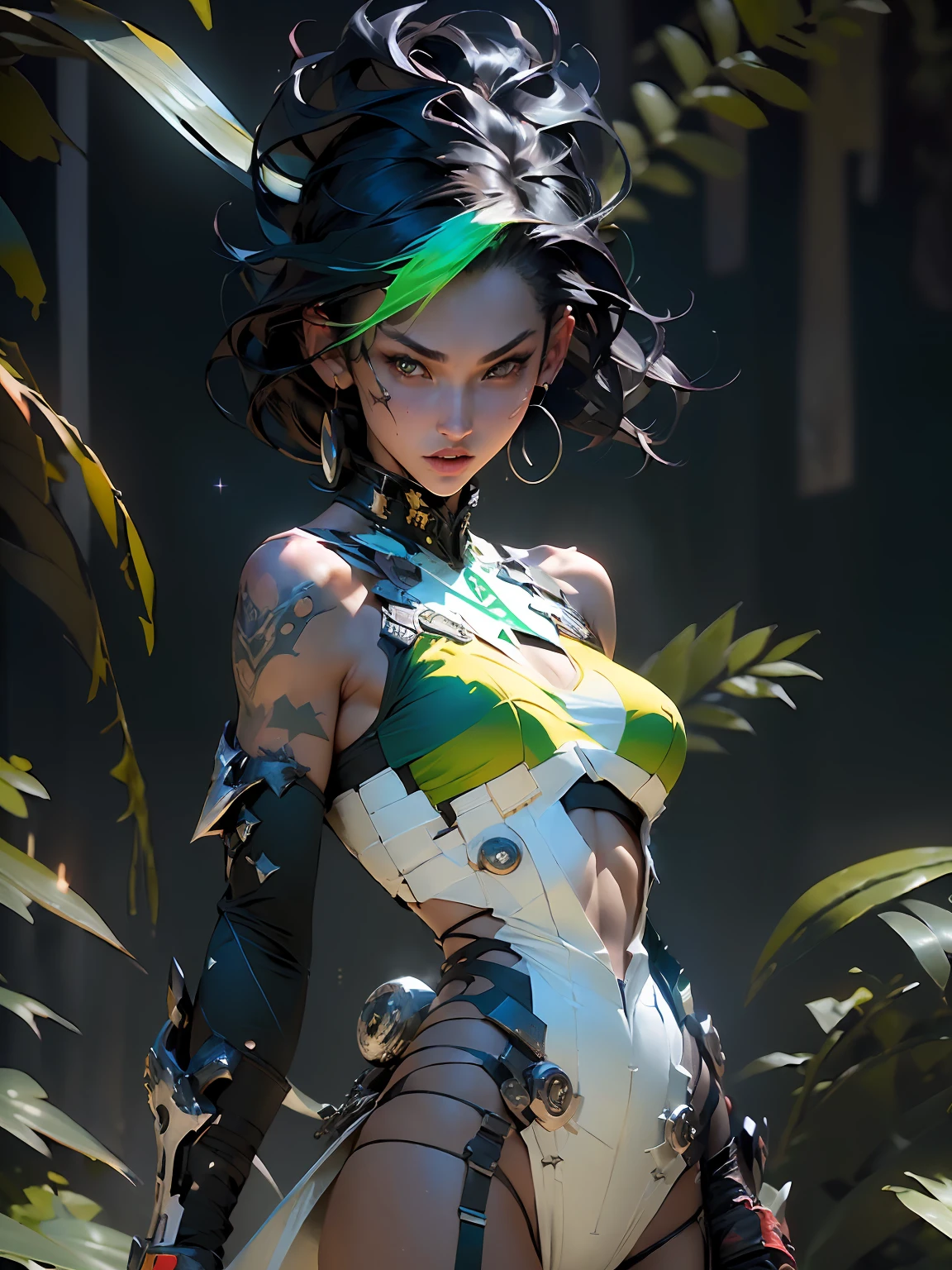 ((Best quality)), ((masterpiece)), (detailed: 1.4), woman defined body, full body, bare thighs, body parts covered by futuristic retro clothing with various stickers glued by the body, green is the predominant color in clothing, use blue, yellow and a little white, tanned and sweaty skin, (((large breasts)) perfect, generous neckline, pastel, black mohawk hair with small white locks,  short underwear, garter belt, by mucha, niji, close to real, best quality, almost naked, psychopath, crazy face, action pose, sexy pose, starry night background, imitating outfit, hexagonal tattoos, green bra with white stars, 5-pointed stars painted the breasts, (((clothes with the colors of the flag of Brazil))), shoulder pads with pointed pins,  red eyes without pupils, --niji 5, expressive style --s 400, HDR (High Dynamic Range),Ray Tracing,NVIDIA RTX,Super-Resolution,Unreal 5,Subsurface dispersion, PBR texture, Post-processing, Anisotropic filtering, Depth of field, Maximum clarity and sharpness, Multilayer textures, Albedo and specular maps, Surface shading, Accurate simulation of light-material interaction, Perfect proportions, Octane Render, Two-tone lighting,  Wide aperture, Low ISO, White balance, Rule of thirds, 8K RAW, crysisnanosuit