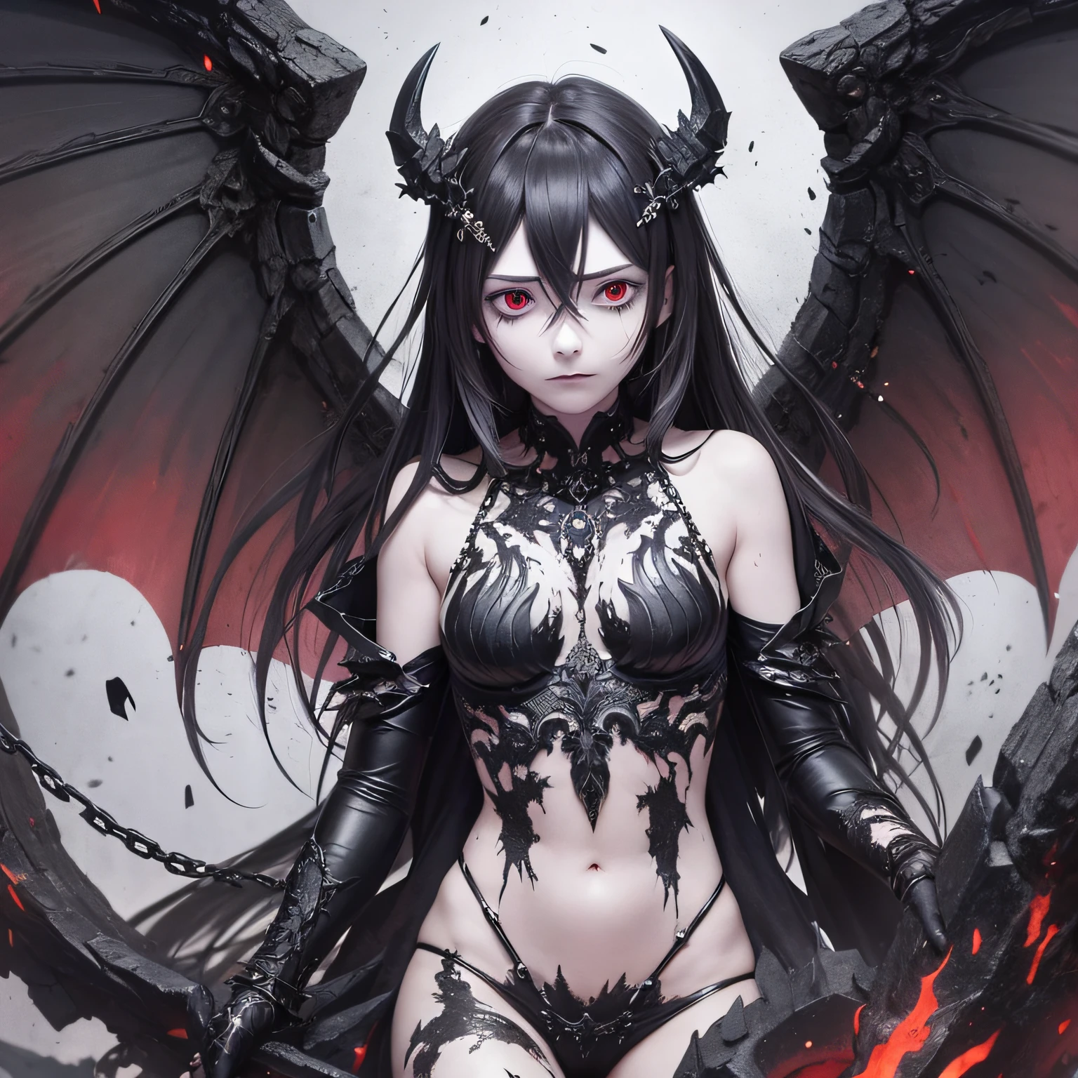 Fragile demon, black wings, masculine human traits, pain, despair, mental confusion, chains, spear, dark scenario, hellish --auto --s2
