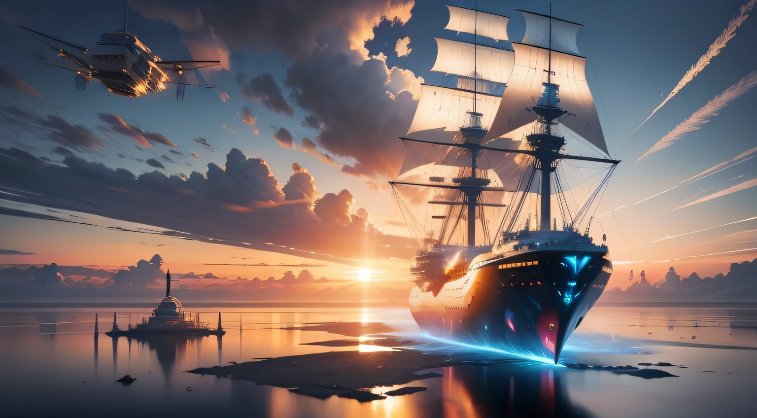 futuristic landscape ,1 scifi ship with symmetrical wings flying highlight,sunset,realistic landscape,giant planet in the sky,warship in the sky,photorealistic image.