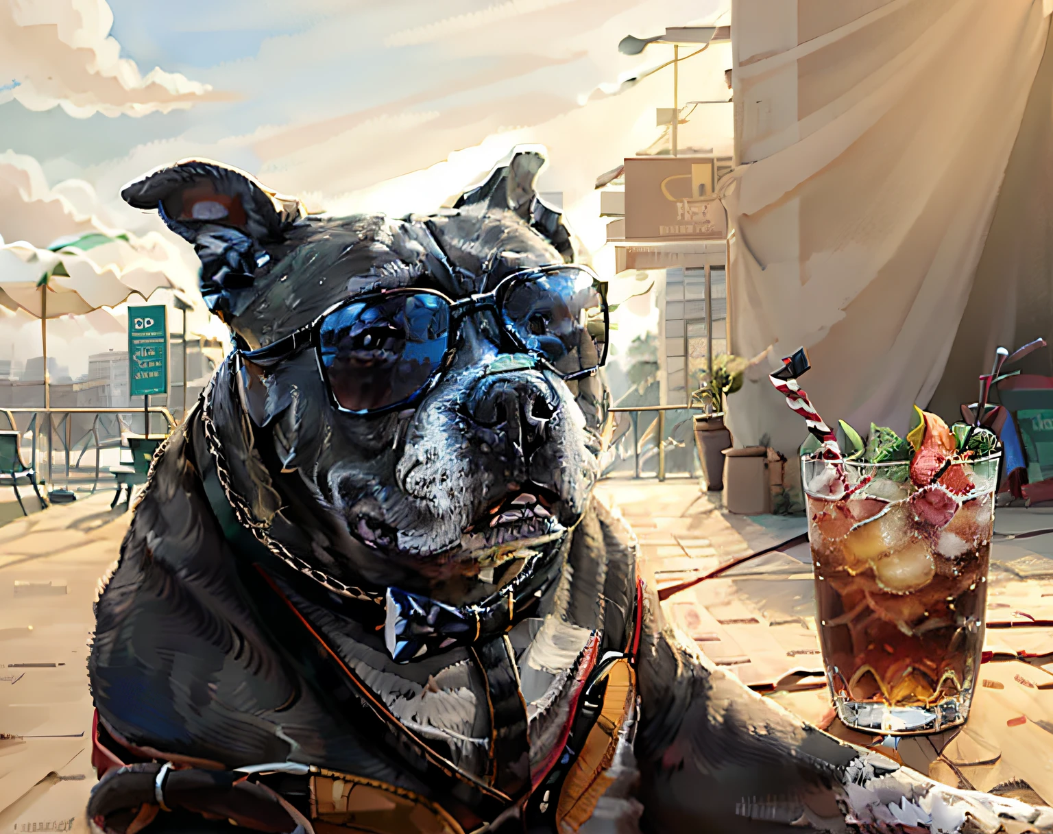 a close up of a dog wearing sunglasses and a bow tie holding a drink, looking heckin cool and stylish, having a cool party, very stylish, unwind!, portrait shot, istock, drink, french bulldog, shutterstock, sfw, in suit with black glasses, by Joe Bowler, high quality photo, by Wayne England, everyone having fun