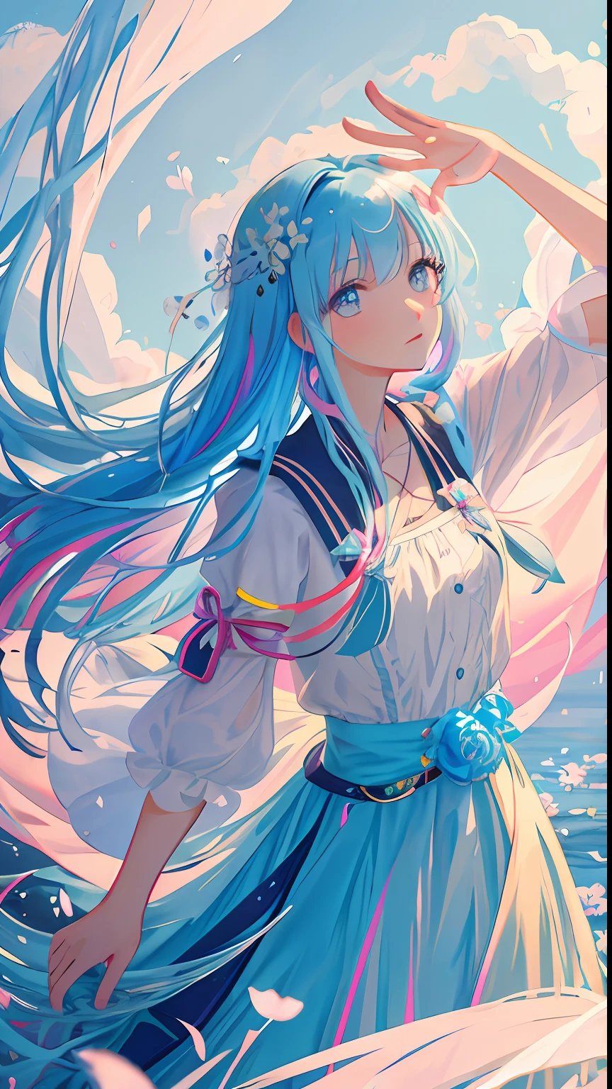 (masterpiece), (best quality), (ultra detailed),(disheveled hair),(illustration), (1girl), (Fashionable clothing), standing, Fashion model, looking at viewer, (interview), (simple background),beautiful detailed eyes, delicate beautiful face, Floating,(high saturation),(colorful splashes),colorful bubble,(shining), focus on face, kamisato ayaka, light blue hair, bangs, hair ring, floating flowers, floating hairs.Girl, anime waifu, looking at viewer, highlydetailed, reflections transparent iridescent colors, long transparent iridescent RGB hair, artby Serafleur from artstation, thick acrylic,illustration on pixiv, waist up portrait, gorgeoussacred girl, best quality, ultra detailed,sad,clever,beautiful face , beautiful lighton black background, Character stvle renderedby Octane,