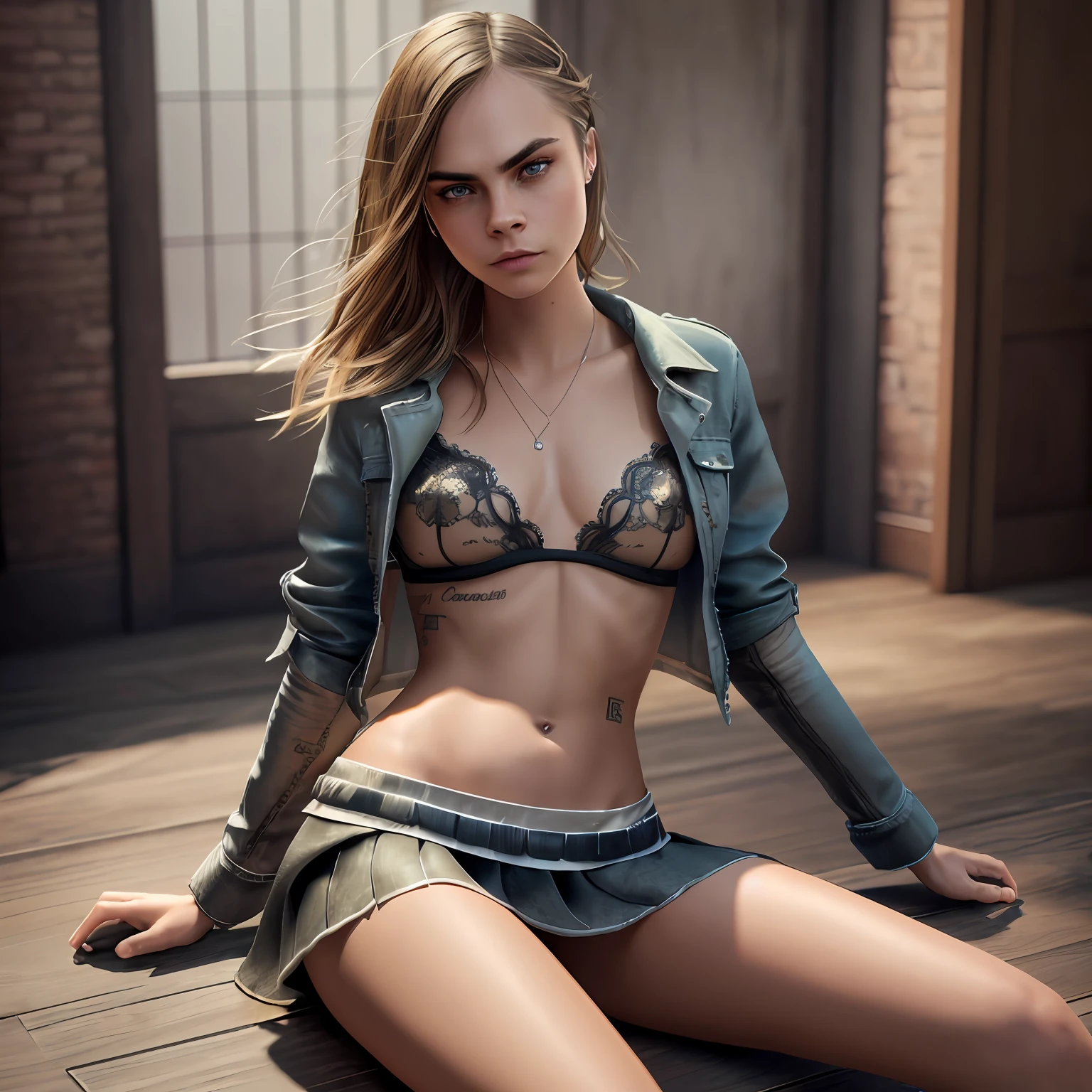(cara delevingne: 4), sensual, (shredded shirt: 1.8), (torn miniskirt: 1.8), smiling, (beautiful eyes: 1.3), ((focus on eyes and mouth)), shy, (groin: 1.7), (groin: 1.5), collarbone, belly button, natural light, extremely detailed, 8yk, raw photo, high level of detail, (ray tracing), (masterpiece), (best quality), high resolution, (realistic: 1.4), physically based representation, ultra-realistic, full body --auto --s2