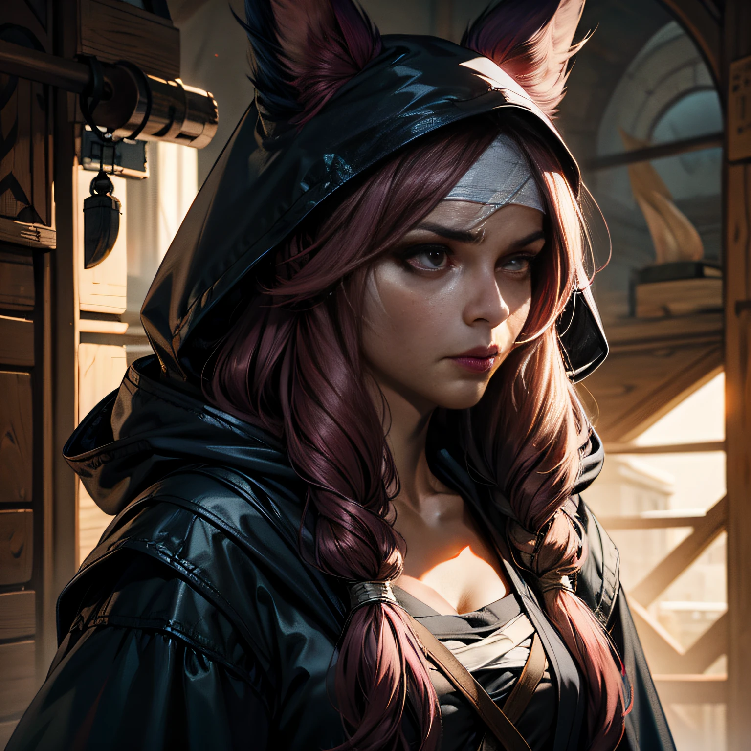 xayah, 1girl, angry, animal ears, transcendent, bandages, pierced nose, hood, hood down, hooded cloak,