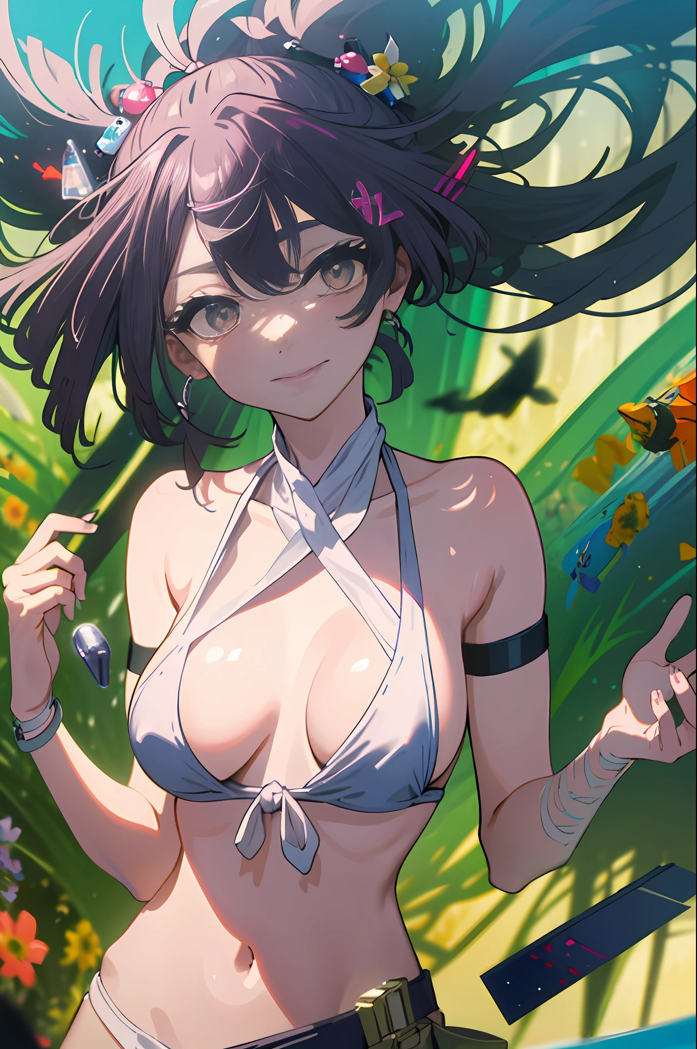 ((masterpiece)), (best quality), (detailed), (1 girl),  ( belt:1), standing, micro ,  in mouth, front-tie  top, (closed mouth:1.2), thigh strap,smile,big breast,beach