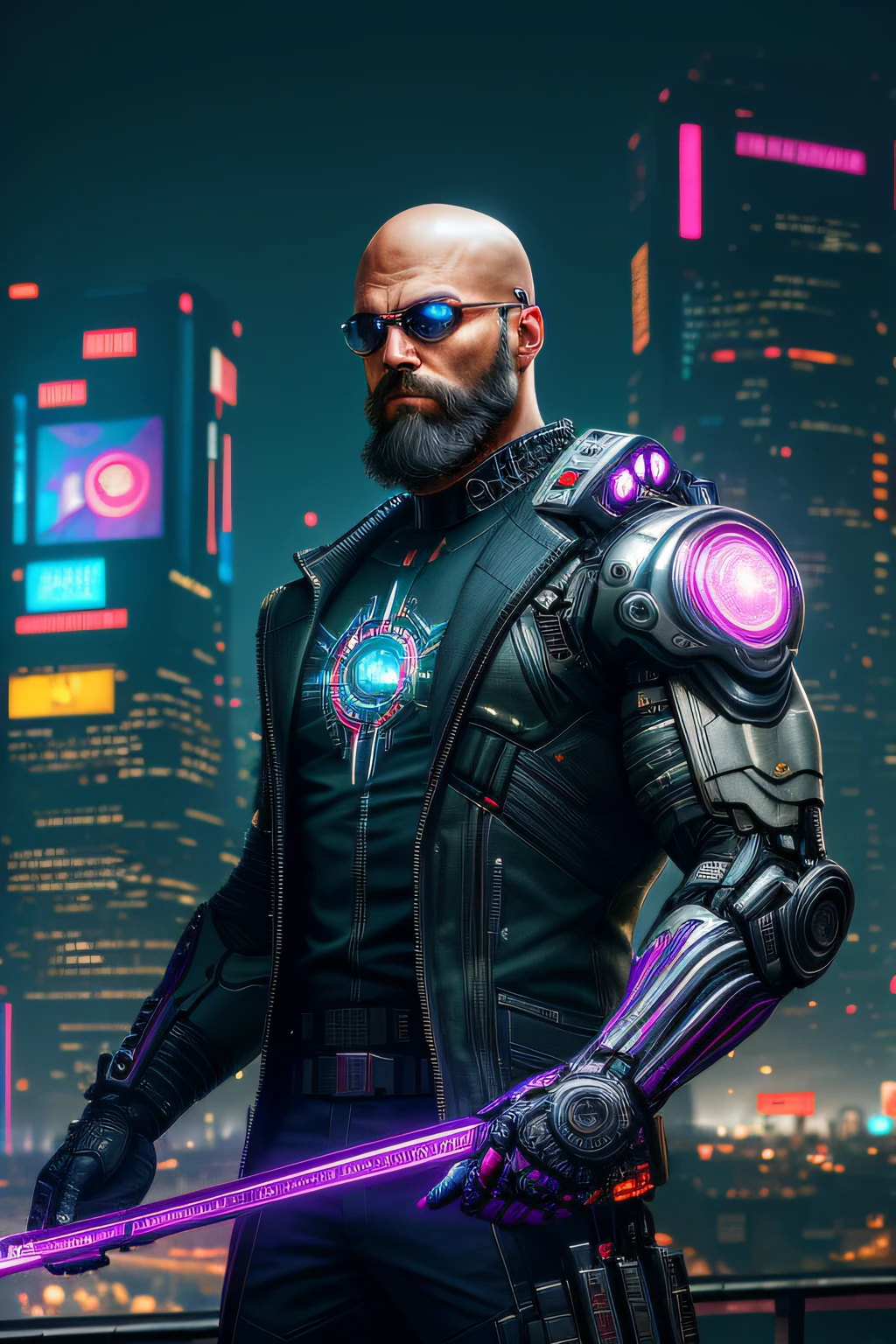 (extremely detailed 8k wallpaper), a medium shot shot of a vigilante, bald man, red bionic eye, gray beard to do, futuristic superhero uniform in black and purple, laser sword in hand, striking pose, scary, dark, intricate, high detail, dramatic, Marvel Cinematic Universe style, (((cyberpunk city in the background))), dark bokeh of futuristic city,  dramatic and photorealistic painting art by Midjourney and Greg Rutkowski, bokeh in the background