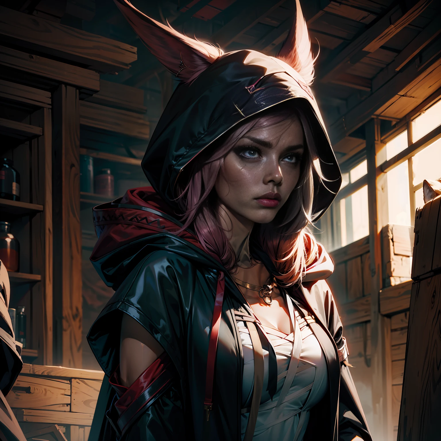 xayah, 1girl, angry, animal ears, transcendent, bandages, pierced nose, hood, hood down, hooded cloak,