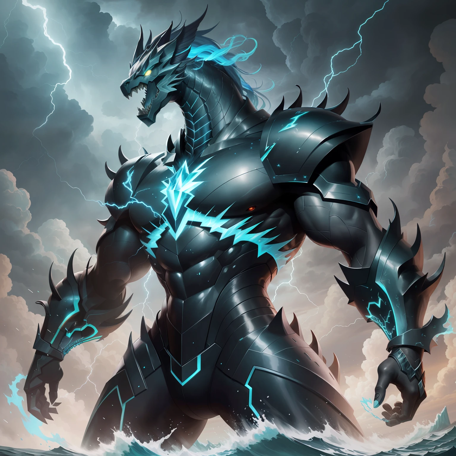 Zephyros is a colossal sea serpent-shaped creature with iridescent scales that glow with the colors of lightning. His body is enveloped by raging storms, with black clouds and incessant thunder. Its open mouth reveals a sharp row of fangs, and its eyes glow with a mysterious power.
Powers: Zephyros has absolute control over storms, being able to create hurricanes, lightning and powerful winds. He is immune to the weather elements and can manipulate the weather at will. Moreover, his presence is able to instill fear and terror in those who approach.
Setting: Zephyros inhabits the ocean chasms of the Kingdom of Chaos, a region where storms are constant and seas are merciless. He is feared and revered as a force of nature, capable of causing destruction and transformation with his passing.cinematic, cinematic shadow, perfectly drawn hands, detailed face, detailed background, richly detailed background image