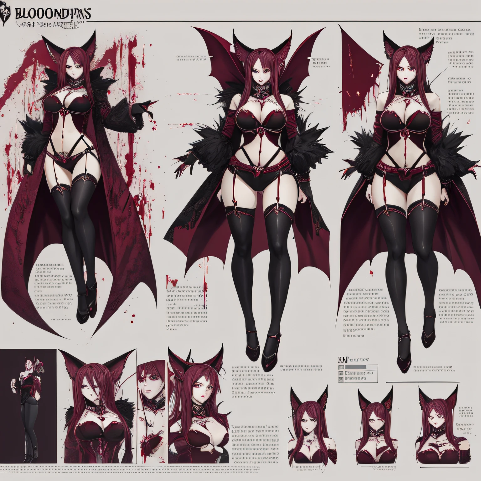 (Image of a woman from head to toe), Most sadomasochistic costume, model sheet image, Full body to show, two figures one front and one back, The character must be a succubus, appearance of succubus, anthropomorphic bat, clothes looking like very short bikini, black shadows in the eyes, cat eyes, open mouth showing teeth,  Blood dripping from the mouth, blood dripping from the hands, very long nails, gothic art style, vampire fantasies, big breasts, big, sexy ass. WLOP style, slightly fat, extremely short and sexy clothes, vampire costumes, grid shaped pantyhose, large breasts, big ass, sensual, castlevania symphony of the night style hair, wavy hair, very light blonde. Details of the outfit black and red burgundy, black eye shadows, cat eyes, open mouth showing teeth, blood dripping from the mouth, blood dripping from the hands, nails too long.