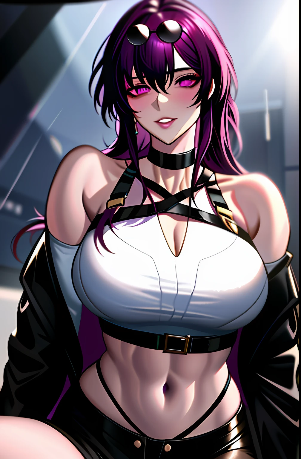 1girl, solo,black bodysuit,eyewear on head, navel, pants, purple eyes, rain, black pants, looking at viewer, bare shoulders, stomach, midriff, purple hair, parted lips, choker, off shoulder, black choker, tattoo, underwear, panties, sitting, black crop top, medium breasts, criss-cross halter, halterneck, shirt, white shirt, long hair, highleg, black panties,star-kafka,huge breasts,shiny,shiny skin,mature female