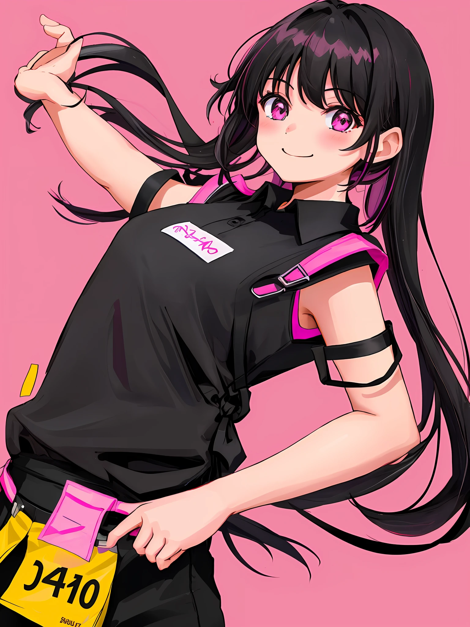 One girl, one hand raised, smile, small, black hair, black polo shirt, black apron, black trousers Pink magenta shoulder straps