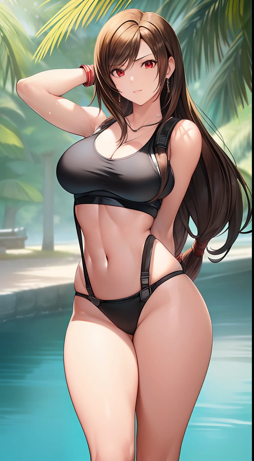 ((Oil Painting)), ((Color Drawing 2D)), ((Manga: 2.0)), ((Anime: 2.0)), ((Drawing superior detailed quality: 2.0)), (((Beautiful Natural Breasts))), (((Medium Small Tits))) . A woman, ((((Tifa Lockhart)))), black bikini, rounded ear, (serious look), (on the beach next to a palm tree), brunette hair, (deep dark red eyes), (ruby jewelry pendant), sunny day . 4k quality, ((Cell Shading)), natural light, hyper detailed, highly detailed, full screen, (sharper detailed background), (hair falling on the shoulders better done), detailed eyes, detailed hair, detailed clothes, ((detailed body)), cleaner designs, (better shadow play), refined armor, shiny eyes, ((more detailed hands)), (shiny objects like jewels), firmer shapes, (detailed face), (see creases on clothes), (harmonious background), shiny hair, (in far view the more detailed eyes), (better position of arms and hands), ((more rounded eyes transparent liquid globular)), (background anime manga drawing - full screen), more pronounced colors, (more coherent clothing), (correct the features of the clothes), (arm well aligned), (better fingers), (magic effect), muscle, perspiration effect, beautiful legs, beautiful hands, (ears better done), (better eyes contour), (pretty arms), (pretty feet), (same eyes color), (see back body), (see back bikini), (lower body the right way), (pretty nose), (pretty lip), (sharper lower eyes), ((normal breasts)), (slimmer body), harmonious look, harmonious body, harmonious finish . (coarser line: 2.0), (black line: 2.0), (((black line press: 2.0))), eyes correction, character drawing correction, drawing correction, superior color quality, ((((Beautiful faces))), ((((perfect faces))), finishing . (((2D: 2.0))), (color: 2.0), (cleaner: 2.0), (color contrast: 2.0), (black outline: 2.0), (black outline background: 2.0) .