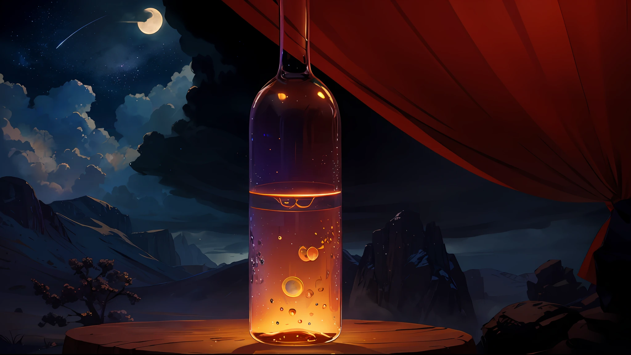 A product drawing of a wine glass, (seen from below, the sky above and an open field below), a wine table standing on a field of flowers, (Full Moon: 1.2), (Meteor: 0.9), (Nebula: 1.3), distant mountains, trees BREAK Making art, (Warm light source: 1.2), (Firefly: 1.2), lamps, lots of purple and orange, intricate details, volumetric lighting BREAK (Masterpiece: 1.2), (Best Quality), 4K, Ultra Detailed, (Dynamic Composition: 1.4), Detailed, Colorful, (Iridescent: 1.2), (Glow, Atmospheric Lighting), Dreamy, Fantastic, (Solo: 1.2)