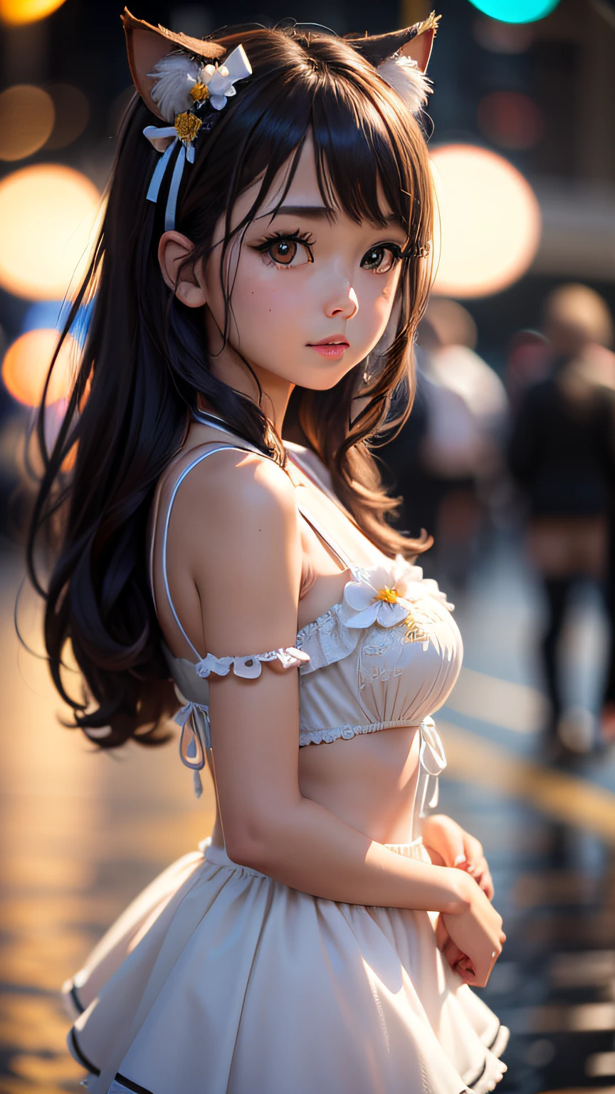 bokeh, Nikon, 35mm, first-person view, symmetry, depth of field, cinematic lighting, reflection light, 1girl, nekomimi,close up, idolmaster, (((idol costume))), swimsuit