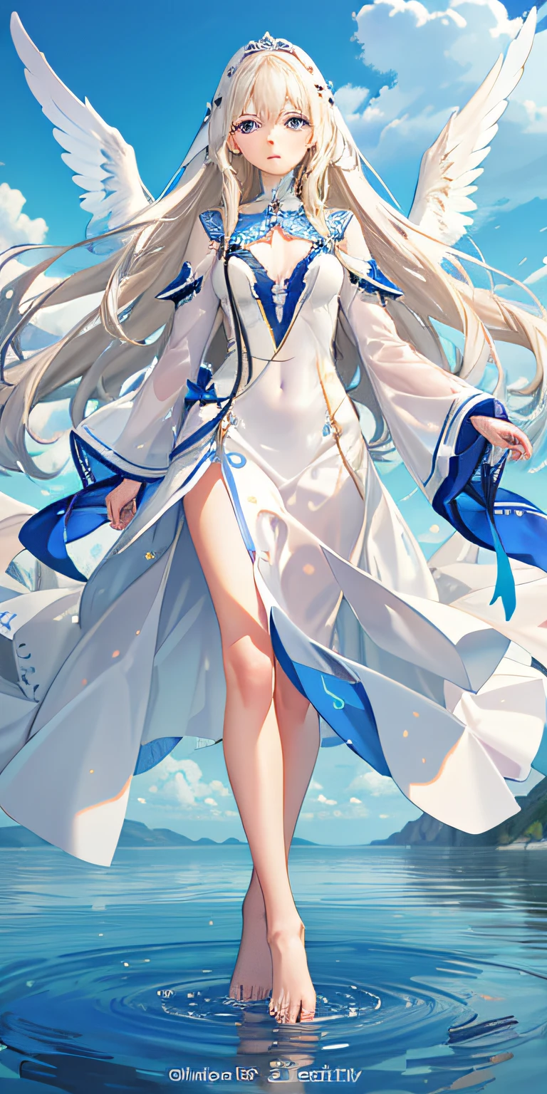 (Realisticity: 1.4), Best Quality, Masterpiece, Female, Long Blonde Hair, Sapphire Blue Eyes, Fair Skin, White Wings One Person Tall, White Translucent Silk Clothes, Standing by the Sea, Full Body, No Headdress, Pure White Clothes, Barefoot,