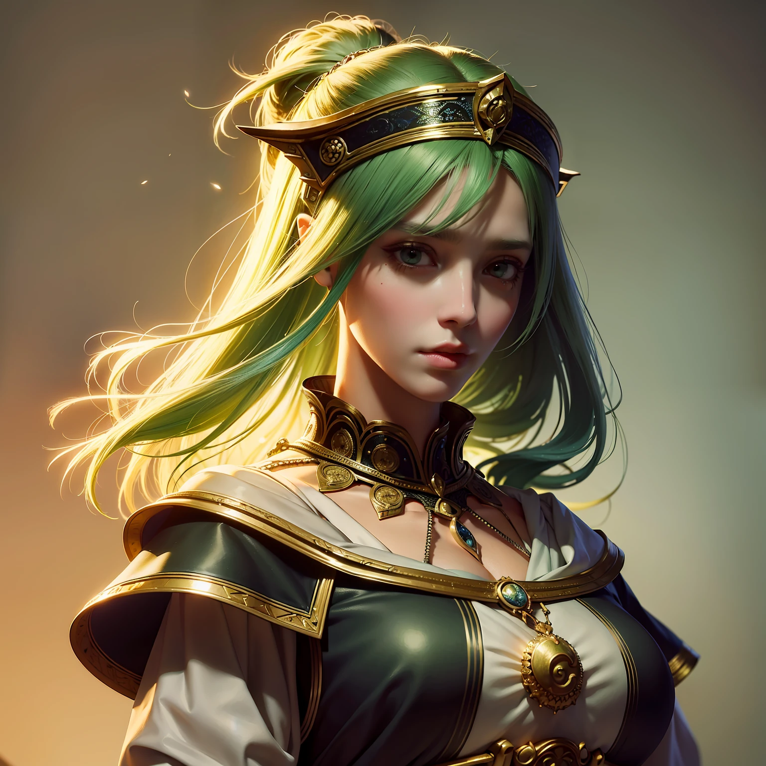 illustration,masterpiece,best quality,high resolution,((1 girl)), (eldritch horror:1.4),((masterpiece, best quality)), 1girl, (mature female:1.4) ((dark fantasy)) , medieval fantasy, extreme detail , trending on artstation, sharp focus, beautiful, studio quality, best quality, ((delicate and beautiful girl)),Dynamic angle, hard lighting, morbid ,D & D, D&D NPC, medieval merchant , green hair colour, ponytail Hair style , waist up