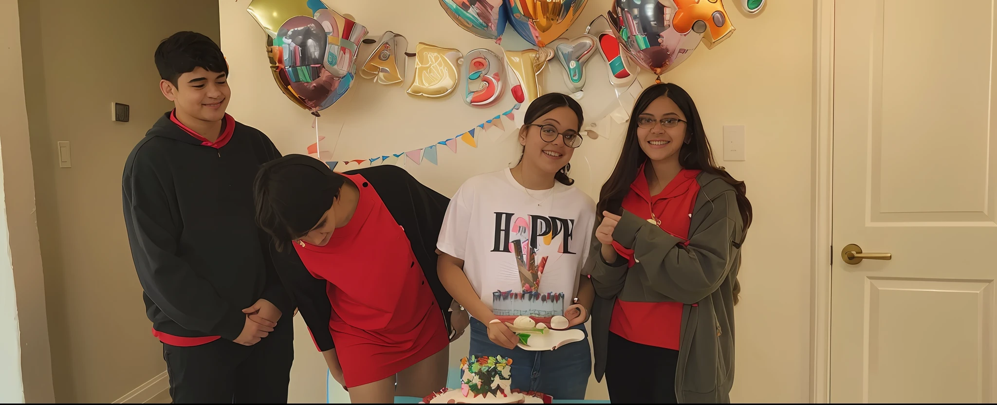several people standing around a table with a cake and balloons, at a birthday party, birthday party, celebrating a birthday, happy birthday, profile picture, photo taken in 2 0 2 0, pals have a birthday party, profile pic, profile image, hard lighting!, holding a birthday cake, taken in the early 2020s, 1 6 years old