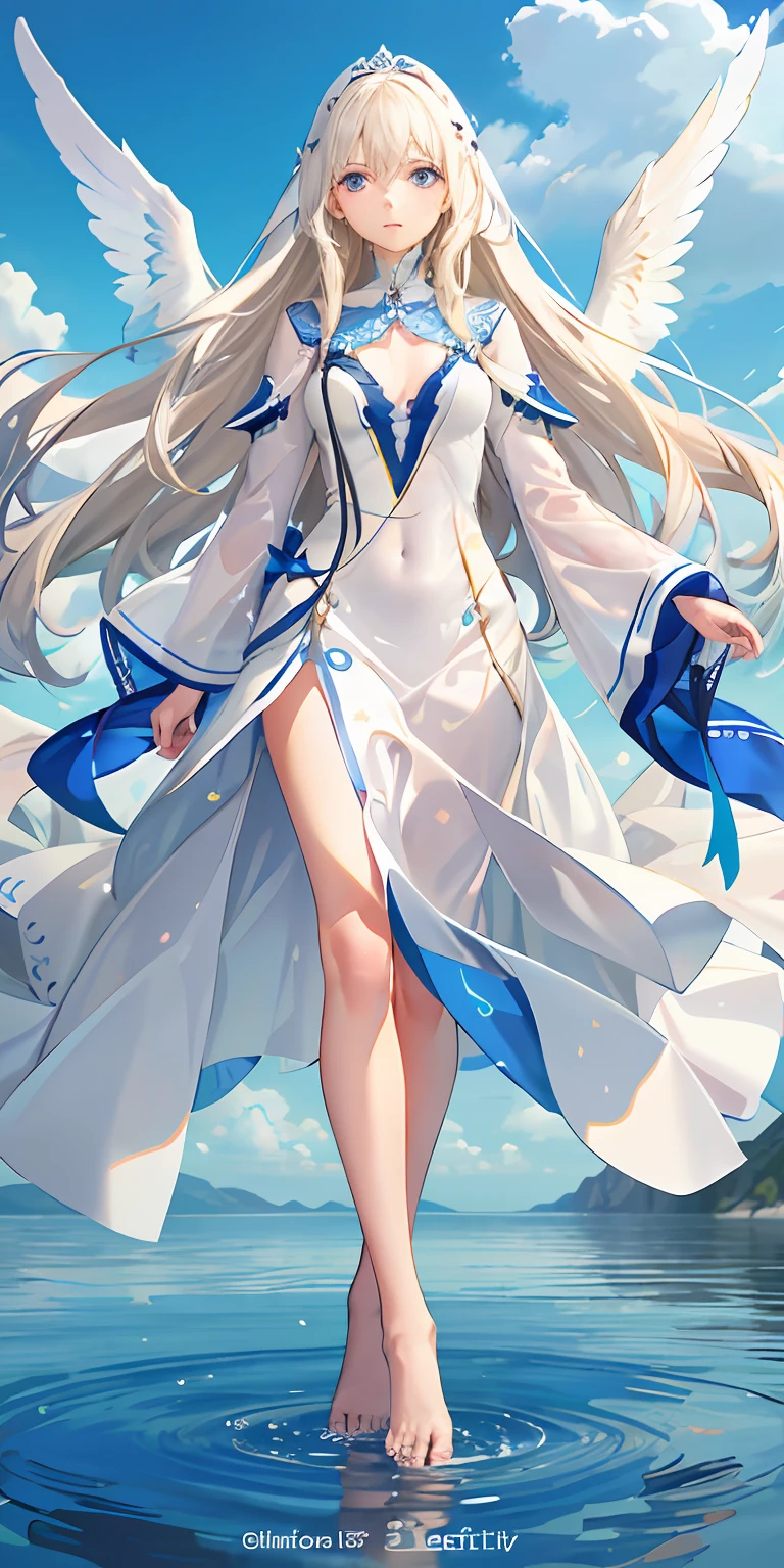 (Realisticity: 1.4), Best Quality, Masterpiece, Female, Long Blonde Hair, Sapphire Blue Eyes, Fair Skin, White Wings One Person Tall, White Translucent Silk Clothes, Standing by the Sea, Full Body, No Headdress, Pure White Clothes, Barefoot,