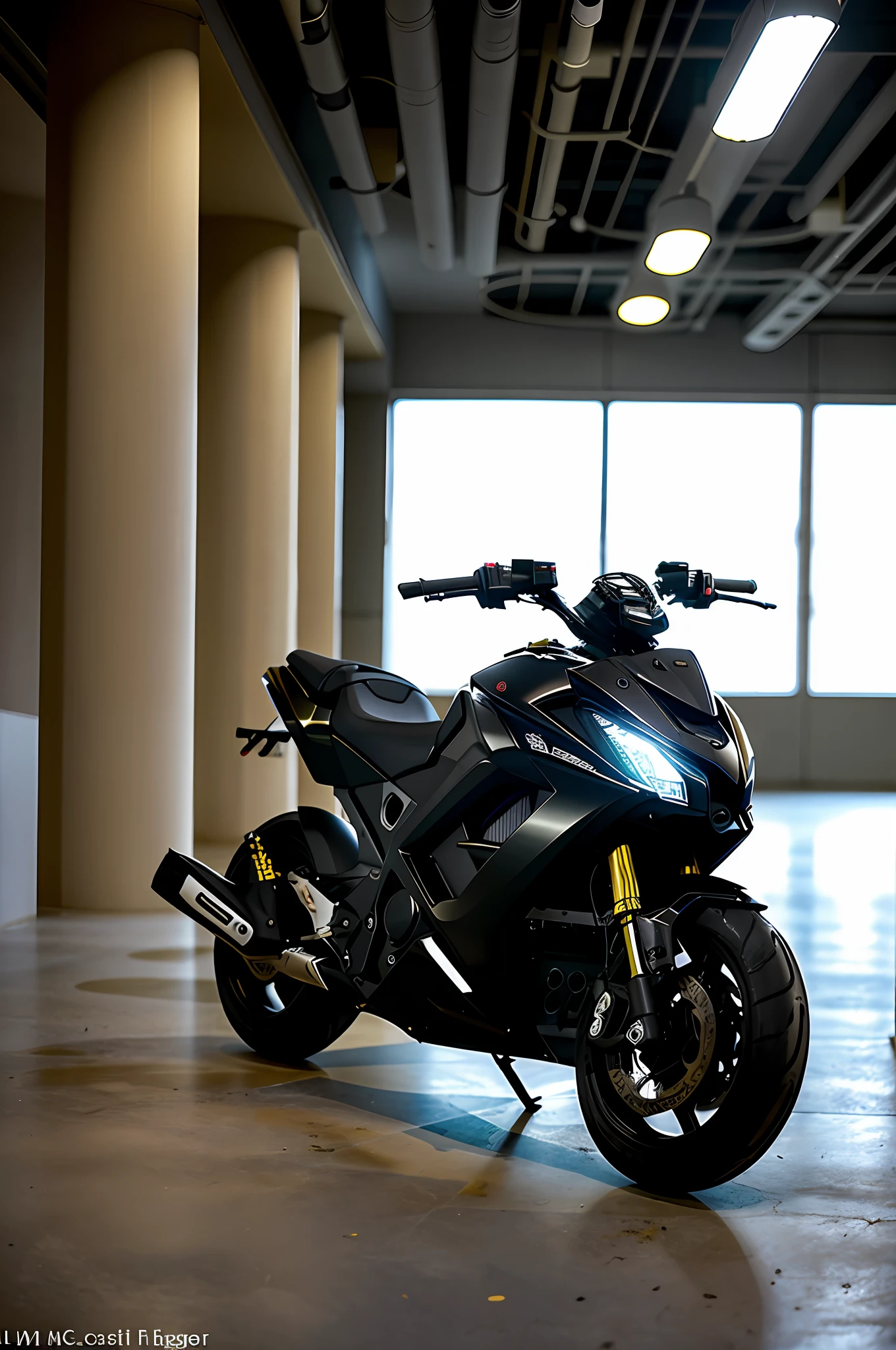 masterpiece, best quality, 4k, mall basement, black scooter, cool cast, filmg, realistic image, raw photo, cinematic color, urbex, big tires