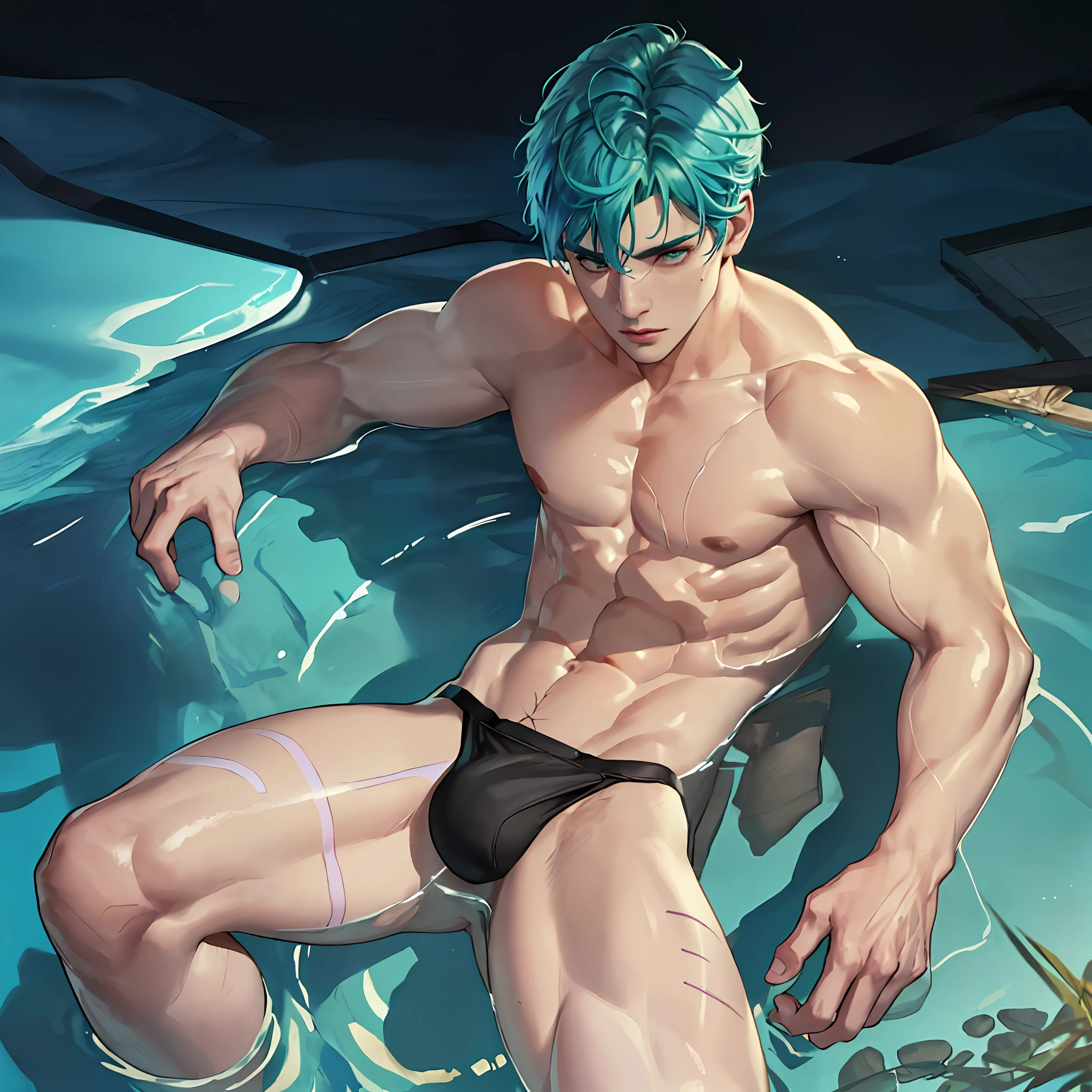 1boy, ((bara:1.5)), sport body, sexy, spread legs, detailed face, detailed hands, detailed legs, detailed fingers, detailed hair, detailed eyes, detailed skin, dynamic lighting, (detailed lighting:1.2), (detailed textures:1.3), (realistic lighting:1.2), realistic shadows, realistic skin, (photorealistic:1.4), 8k uhd, (hyper realistic), (photo realistic), (masterpiece), (best quality), body paint, naked, bare chest, flat chest, bare shoulders, bulge, underwater, wide angle, swimming, athletic body, male, iridescent skin, perfect eyes, messy green hair , bio-luminescent