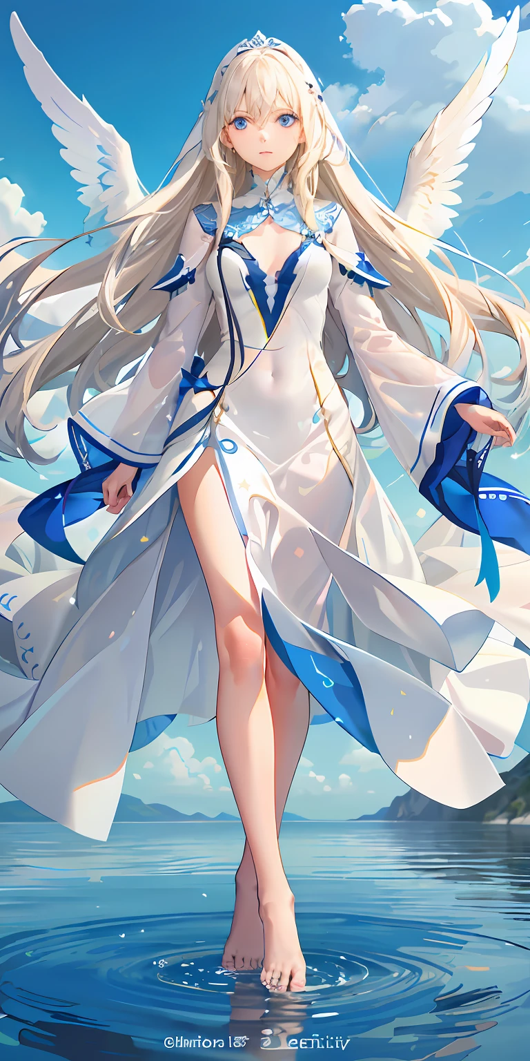 (Realisticity: 1.4), Best Quality, Masterpiece, Female, Long Blonde Hair, Sapphire Blue Eyes, Fair Skin, White Wings One Person Tall, White Translucent Silk Clothes, Standing by the Sea, Full Body, No Headdress, Pure White Clothes, Barefoot,