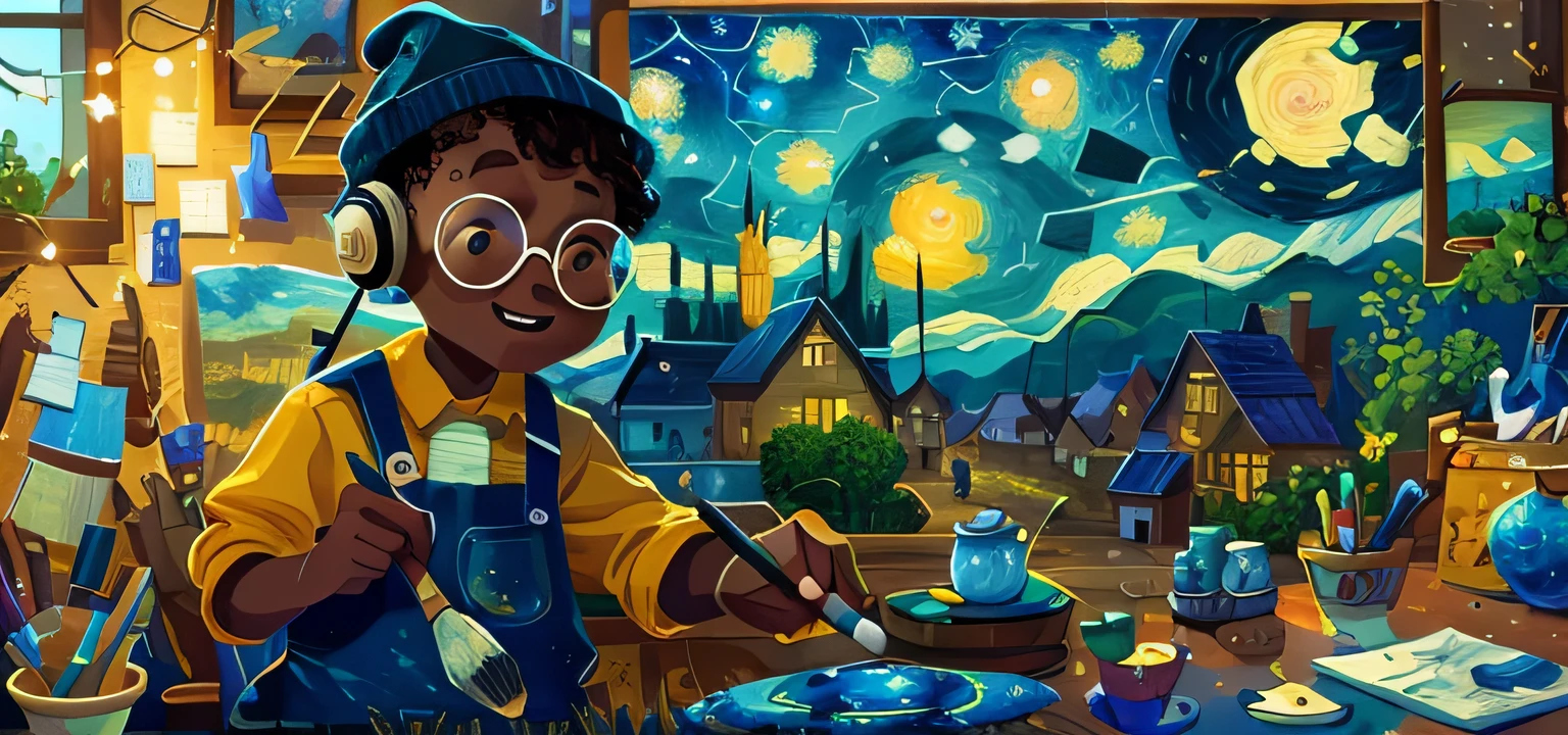 A black boy, round glasses, apron, painter, holding a brush, beanie, headphones, painting, happy, happy, perfect quality, clear focus (clutter - house: 0.8), (masterpiece: 1.2) (realistic: 1.2) (bokeh) (best quality) (detailed skin: 1.3) (intricate details) (8K) (detail eyes) (sharp focus), (happy), in the background Van Gogh's starry night, starry night painting, beautiful UHD art 4 k, starry night, by Van Gogh, starry night!!!!!!!!!!!!!!!!!!!!, Van Gogh painting, less detail, looking at the camera