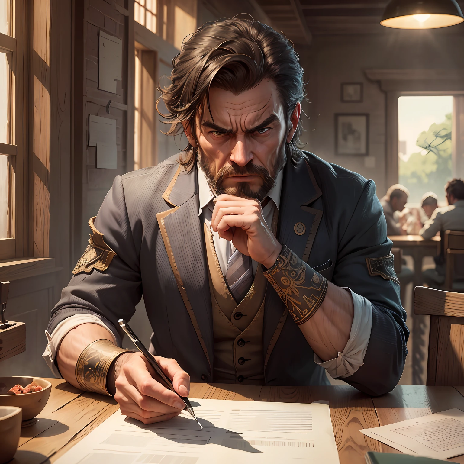 There is a man sitting at a table, angry, worried, looking indignant, highly detailed, high quality textures, high quality shadows, high detail, beautiful detail, fine detail, extremely detailed computer graphics, detailed textures, realistic faces --auto --s2