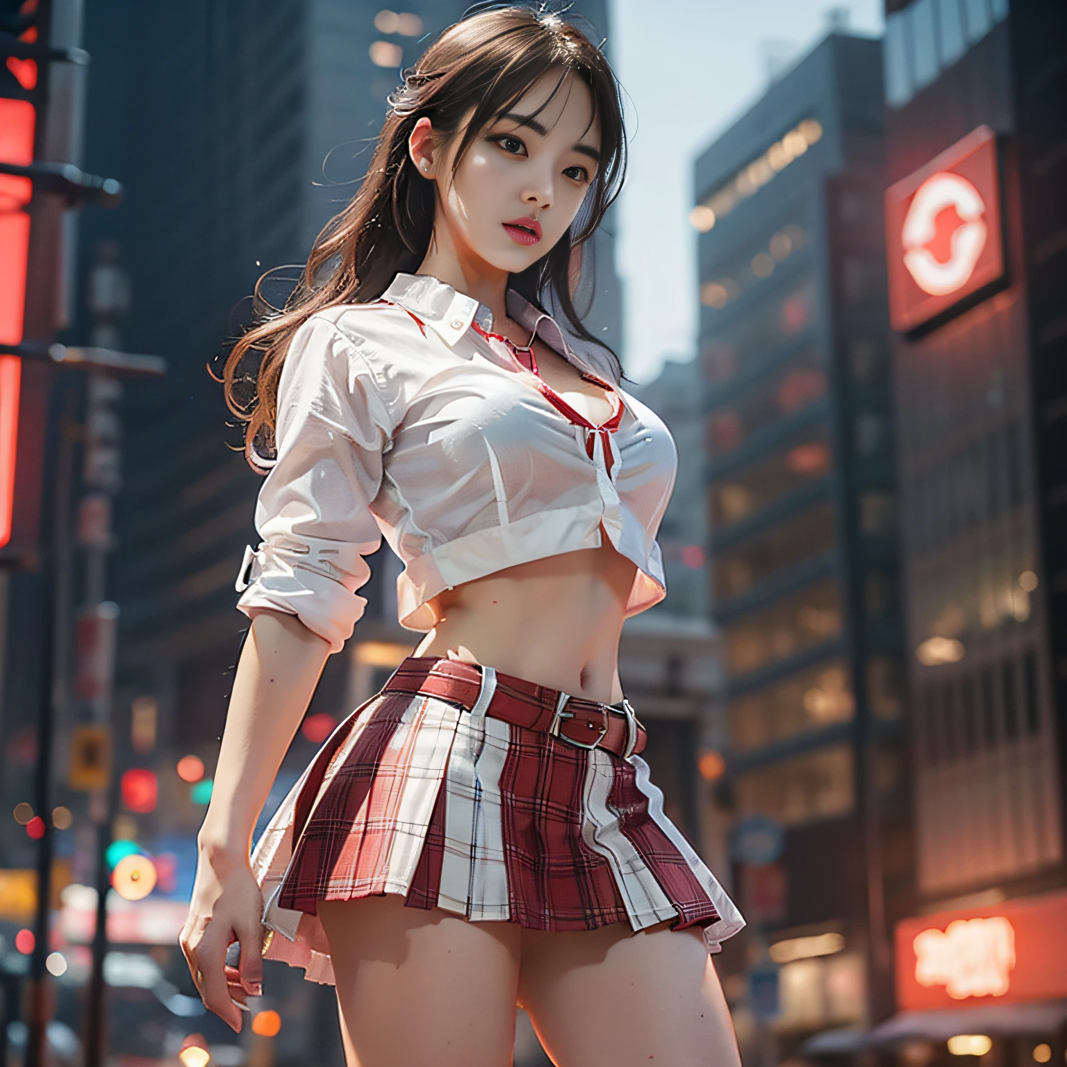 1girl, cowboy zotovalentine shot, white shirt, red skirt, athletic, city, night, neon, rain, volumetric lighting, best quality, masterpiece, intricate details, tonemapping, sharp focus, hyper detailed, trend in Artstation, realistic,