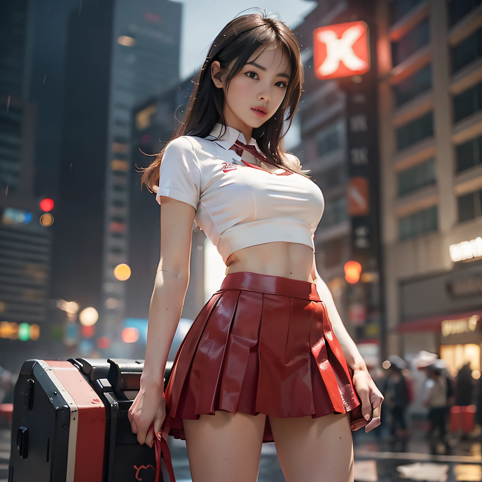 1girl, cowboy zotovalentine shot, white shirt, red skirt, athletic, city, night, neon, rain, volumetric lighting, best quality, masterpiece, intricate details, tonemapping, sharp focus, hyper detailed, trend in Artstation, realistic,