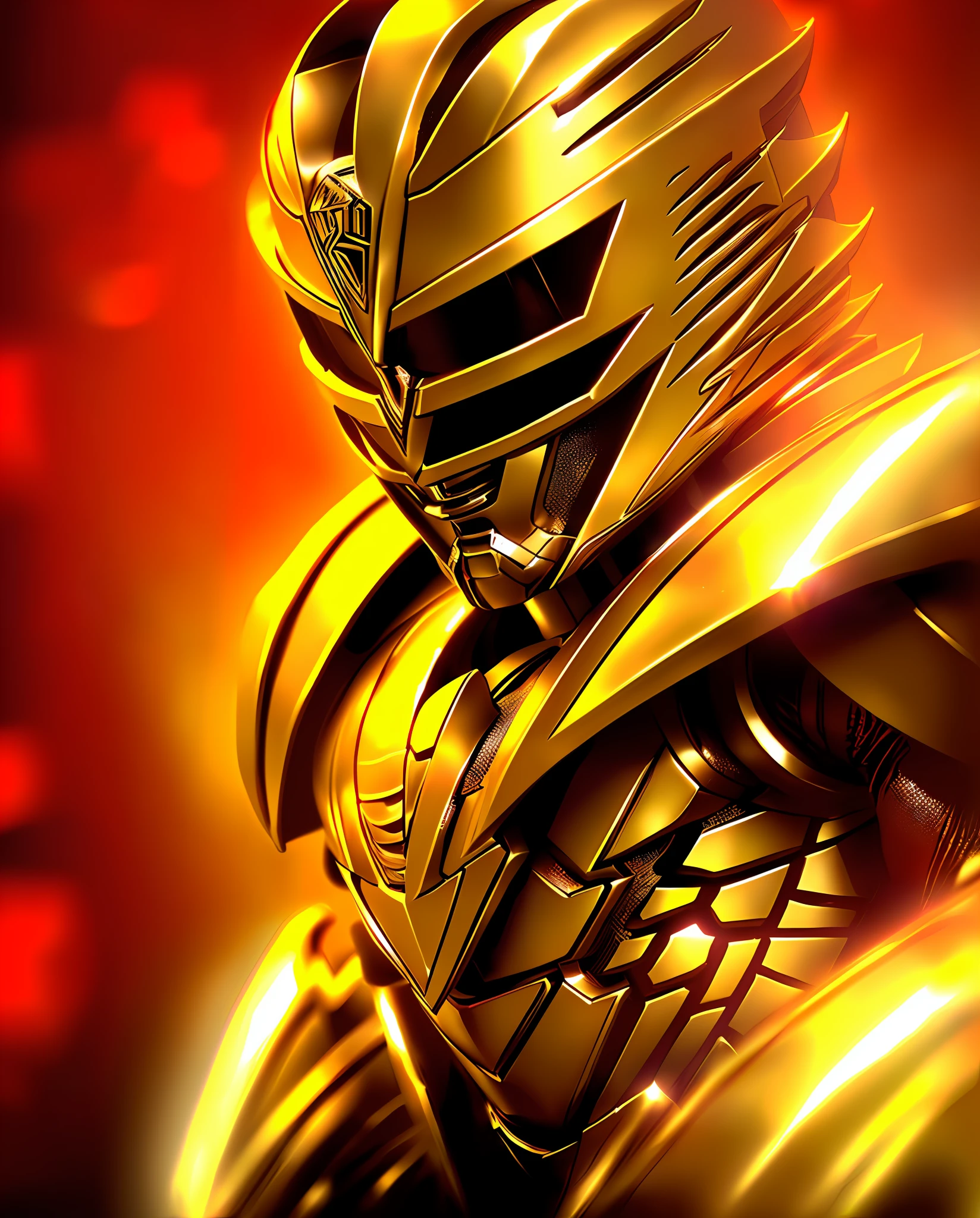 A closeup of a person in a golden costume, Golden Power Ranger, Power Ranger, wearing Golden Battle Armor, Armor, Wearing Golden Armor and Helmet, Metallic Golden Armor, Tokusatsu, Red Skin!, Power Rangers