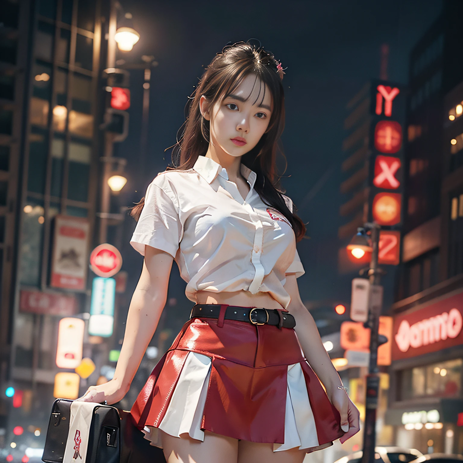 1girl, cowboy zotovalentine shot, white shirt, red skirt, athletic, city, night, neon, rain, volumetric lighting, best quality, masterpiece, intricate details, tonemapping, sharp focus, hyper detailed, trend in Artstation, realistic,