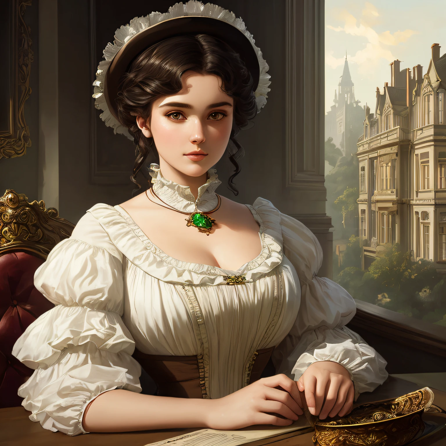 masterpiece stunning delicate curvy young woman 20 years old, wearing british victorian lady outfit, brown skin, looking up, ((sunny regency mansion background)), dark brown straight medium hair, detailed perfect almond-shaped emerald eyes, perfect sensual and full lips, resemblance to helena gilbert, full body, cover, hyperdetailed painting, luminism, Bar lighting, complex, 4k resolution concept art portrait by Greg Rutkowski, Artgerm, WLOP, Alphonse Mucha: a stunning realistic photograph years