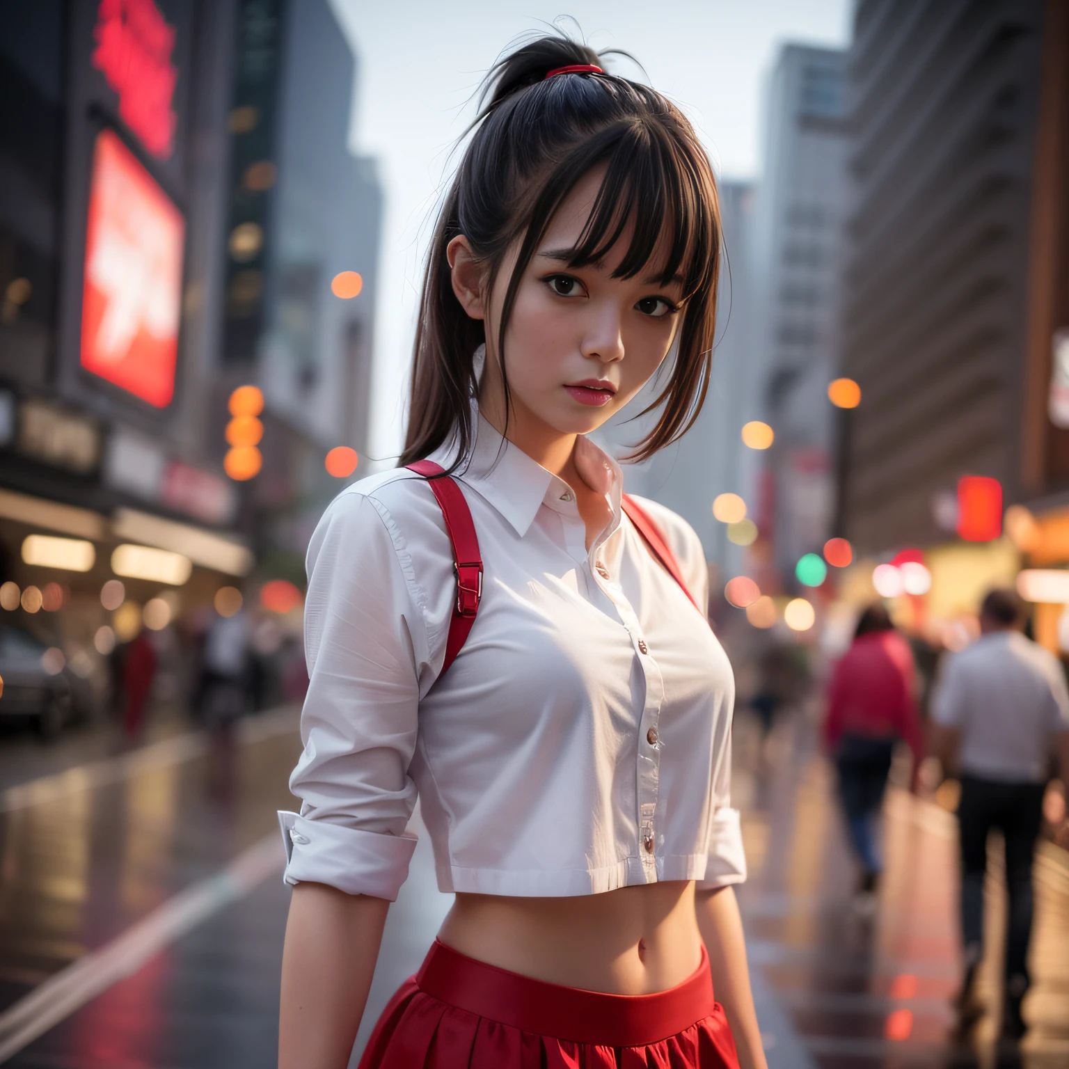 1girl, cowboy zotovalentine shot, white shirt, red skirt, athletic, city, night, neon, rain, volumetric lighting, best quality, masterpiece, intricate details, tonemapping, sharp focus, hyper detailed, trend in Artstation, realistic,