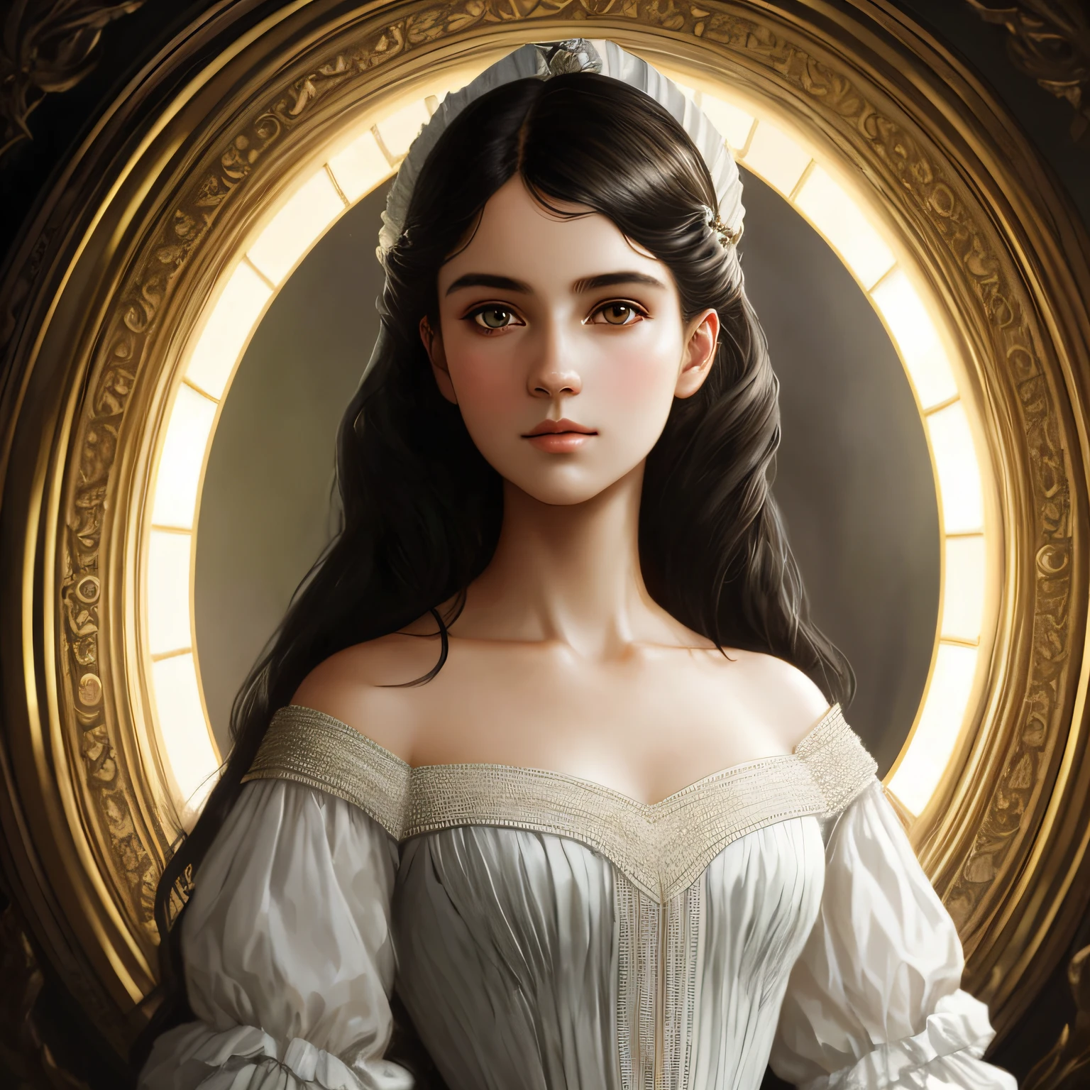 masterpiece stunning delicate young woman 16 years old, wearing british regency lady outfit, brown skin, looking up, ((sunny regency mansion background)), black straight medium hair, detailed perfect almond-shaped black eyes, perfect sensual and full lips, resemblance to helena gilbert, full body, cover, hyperdetailed painting, luminism, Bar lighting, complex, 4k resolution concept art portrait by Greg Rutkowski, Artgerm, WLOP, Alphonse Mucha: a stunning realistic photograph 16 years
