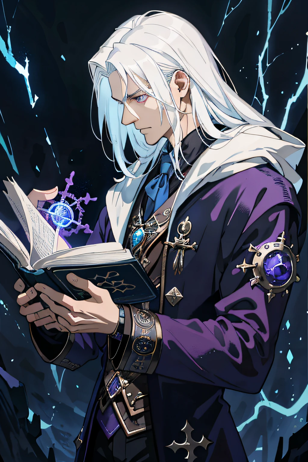 masterpiece, best quality, 1 male, adult, tall muscular, handsome, finely detailed eyes, intricate details, white hair, (style-swirlmagic:1.0), looking down, solo, upper body, detailed background, detailed face, (steampunk theme:1.1) evil sorcerer, color magical robes, determined expression, purple color scheme, dark crimson light, summoning circle, bookshelves, glowing magical runes, dark atmosphere, shadows, realistic lighting, floating particles, sparks, surrounded by blue lightning red arcane symbols, corrupted by eldritch power, bloom,