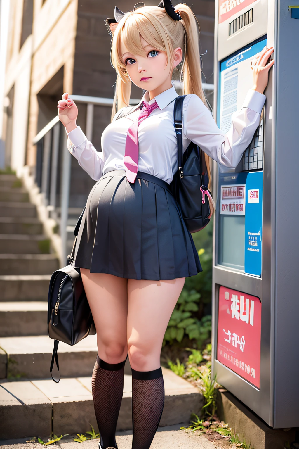 akizuki airi. oni chichi, masterpiece, best quality, super detailed, illustration, flat color, depth of field,
1 girl, young, anime, stairs, standing, drink vending machine, chooses a drink, blonde, twintails, red pleated mini skirt, wet white button-down shirt, school uniform, serafuku, blue tie, no bra, black tights, small backpack, detailed leather texture, detailed fabric texture, beautiful detailed face, big breasts, blue eyes, pregnant, tired, pink panties, translucent, cried, tears, torn tights