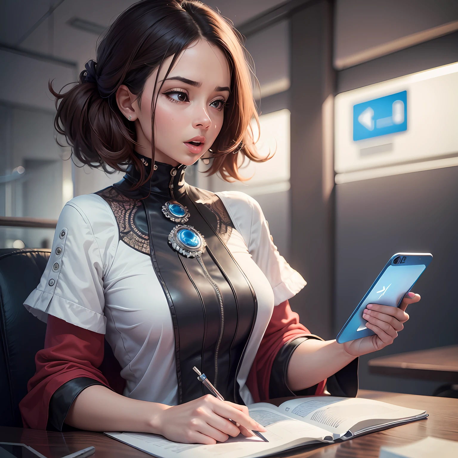 A woman looking at her phone hypnotized with her mouth open with her cell phone too close to her face