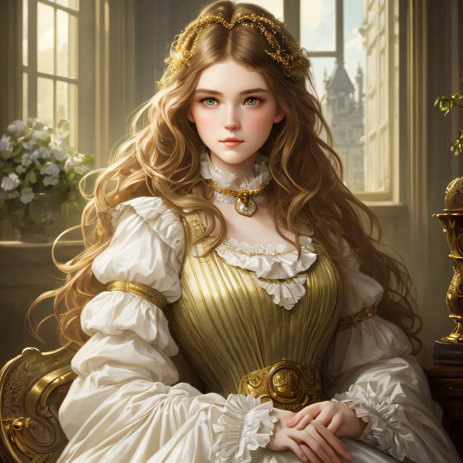 masterpiece stunning young woman 16 years old, wearing british regency maiden outfit, pale skin, looking up, ((sunny regency mansion background)), golden brown wavy messy medium hair, detailed perfect sensual green eyes, perfect sensual and full lips, full curvy body, cover, hyperdetailed painting, luminism, Bar lighting, complex, 4k resolution concept art portrait by Greg Rutkowski, Artgerm, WLOP, Alphonse Mucha: a stunning realistic photograph 16 years