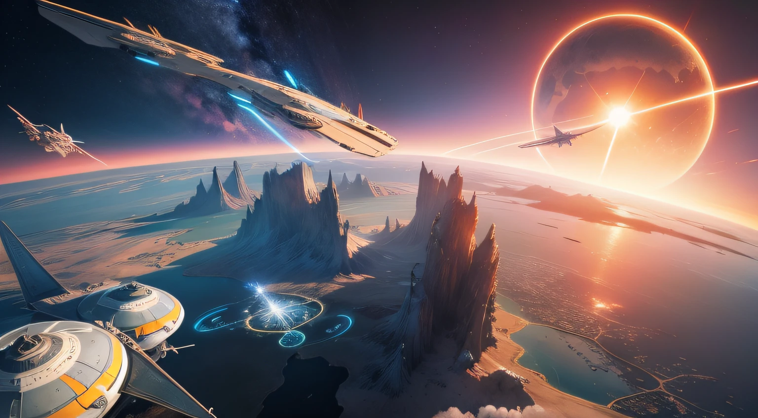 futuristic landscape ,1 scifi ship with symmetrical wings,turbine,cockpit,featured flying,star wars,sunset,realistic landscape,giant planet in the sky,photorealistic image.