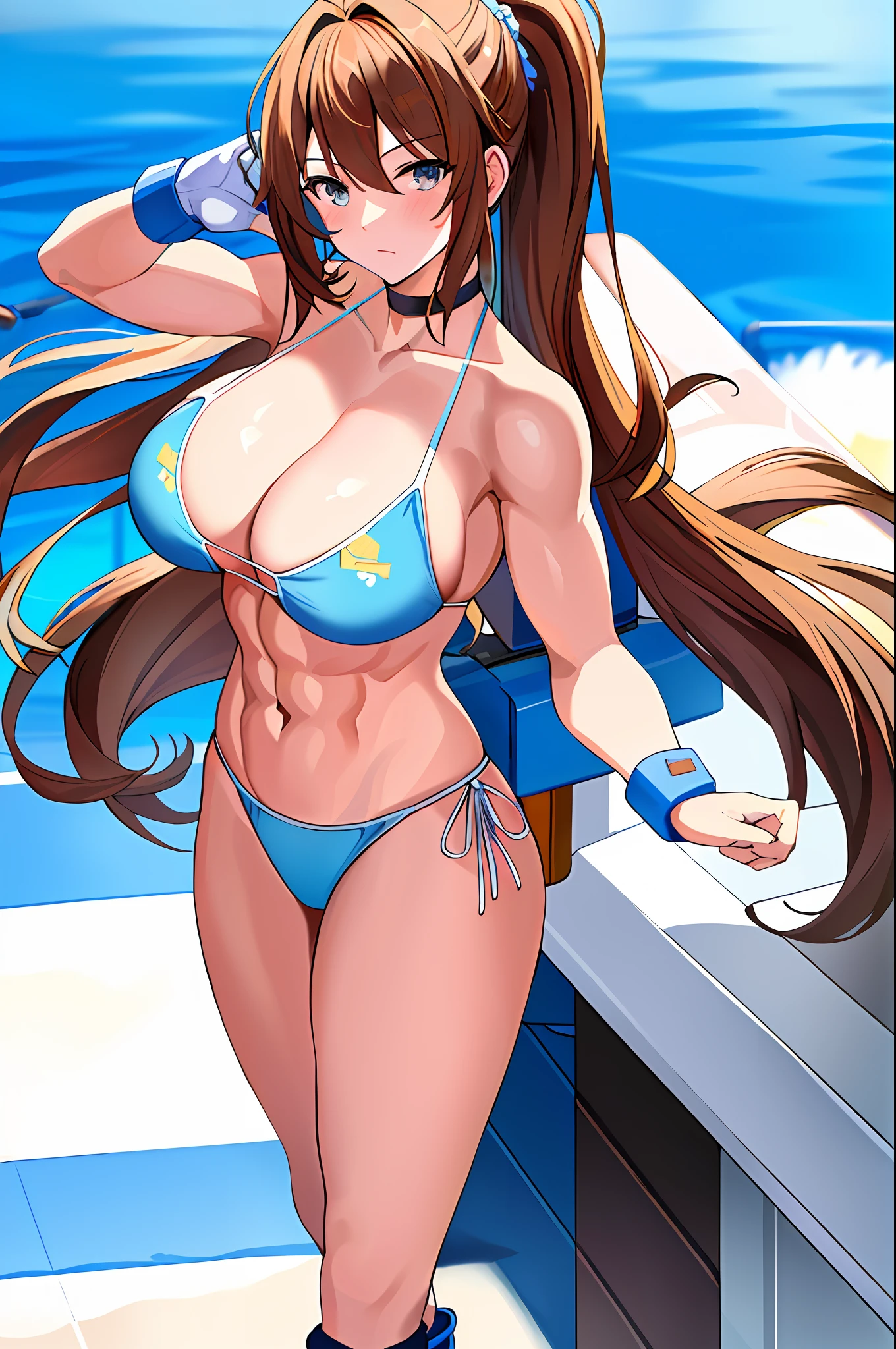 ((masterpiece)), (best quality), (detailed), (1 girl), female wrestler, long brown hair hair, hazel eyes, fair skin, muscular body, large breasts, white bikini, (light blue bikini bottom), light blue fingerless gloves, injured face, exhausted, midriff, in a cruise ship, navel, abs, light blue wrestling boots