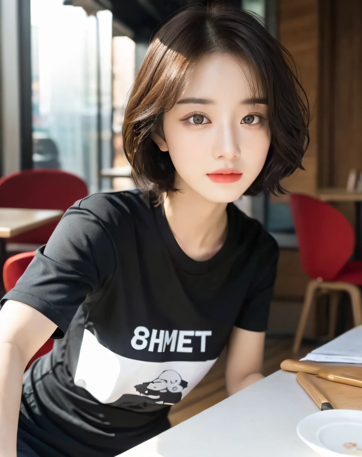 ((Best Quality, 8K, Masterpiece: 1.3)), Focus: 1.2, Instagram, Bright Lighting, T-Shirt, Oversized T-Shirt, (Large T-Shirt: 1.5), Graphic T-Shirt, Logo Design T-Shirt, Heavyweight T-Shirt, (Inside Cafe), Open Cafe, Terrace Seating, Highly Detailed Face and Skin Texture, Delicate Eyes, Double Eyelids, Whitening Skin, (Round Face : 1.5), selfie, short hair, short hair,