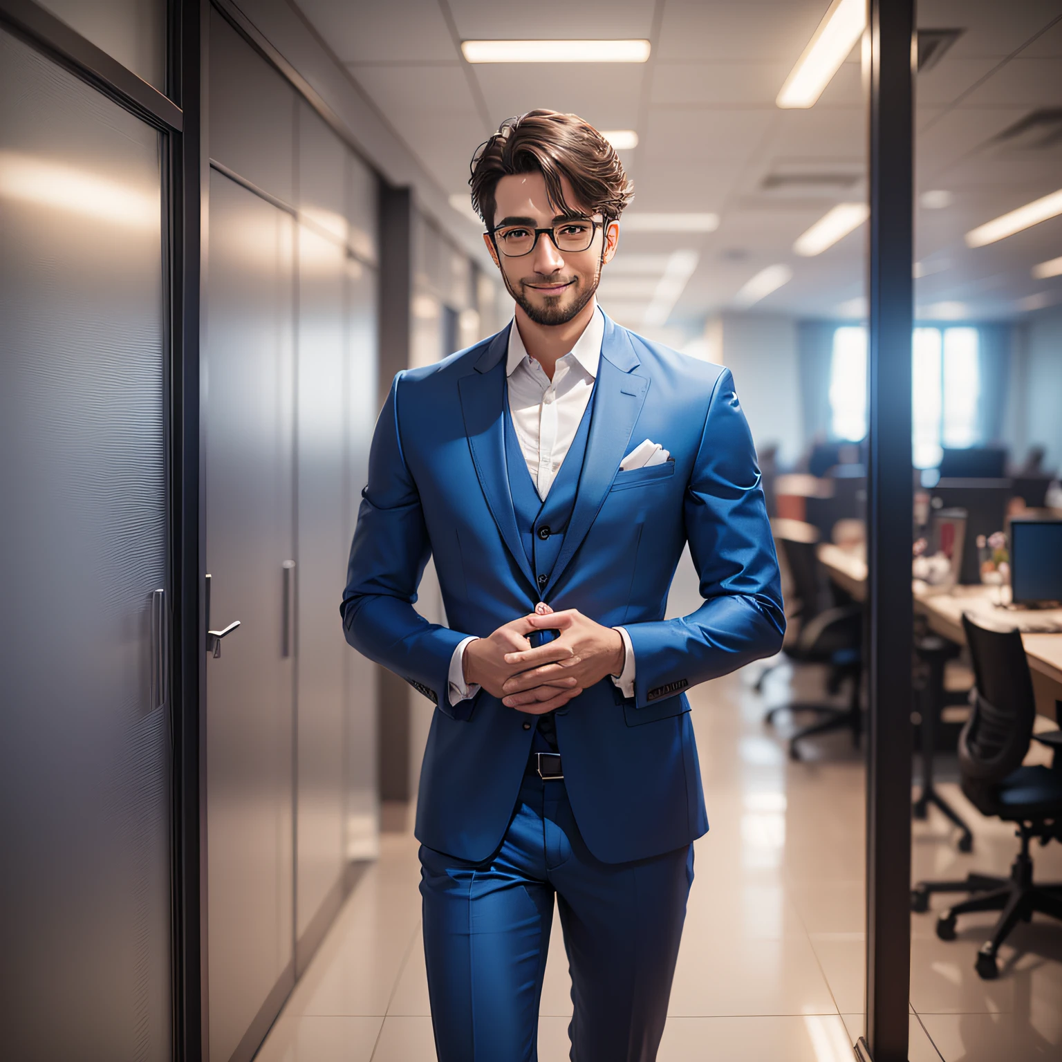 smiling man in blue suit and glasses standing in an office, professional profile picture, professional profile photo, professional headshot, professional picture, solid background, headshot profile picture, professional portrait, detailed professional photo, background blurred, high quality portrait, background blur, amazing professional picture, headshot portrait, profile portrait, well lit professional photo, in the background, 2 d render, professional render --auto --s2