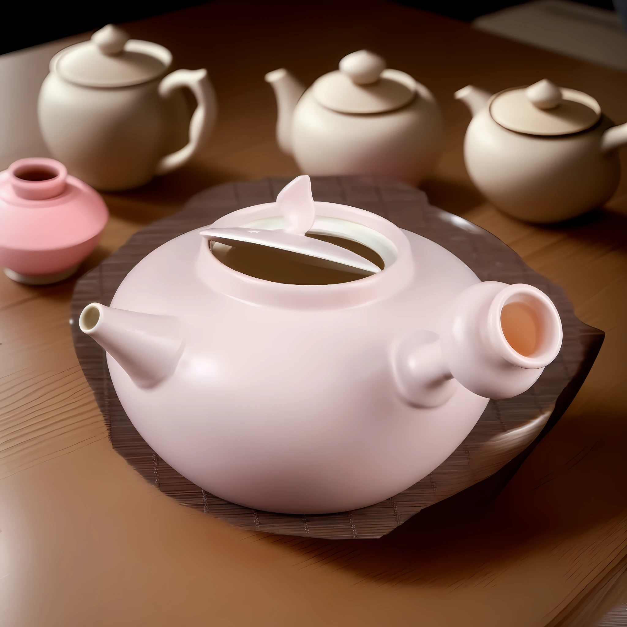 Pink teapot, Japanese tea ceremony style, indoor photography lighting, wood grain table in the background, delicate and real texture, a small amount of dust in the air