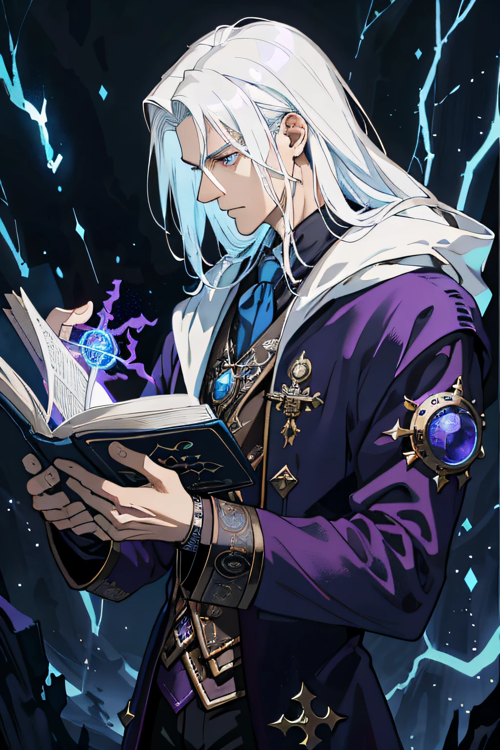 masterpiece, best quality, 1 male, adult, tall muscles, handsome, delicate eyes, intricate details, white hair, (style-swirlmagic:1.0), overlook, solo, upper body, detailed background, detailed face, (steampunk theme: 1.1) evil wizard, colorful magic robes, firm expressions, purple color scheme, crimson light, summoning magic arrays, bookshelves, glowing magic runes, dark atmosphere, shadows, realistic lights, Floating particles, sparks, red arcane symbols surrounded by blue lightning, corroded by terrible forces, blooming, blue pages with golden text, book cover with cosmic star map