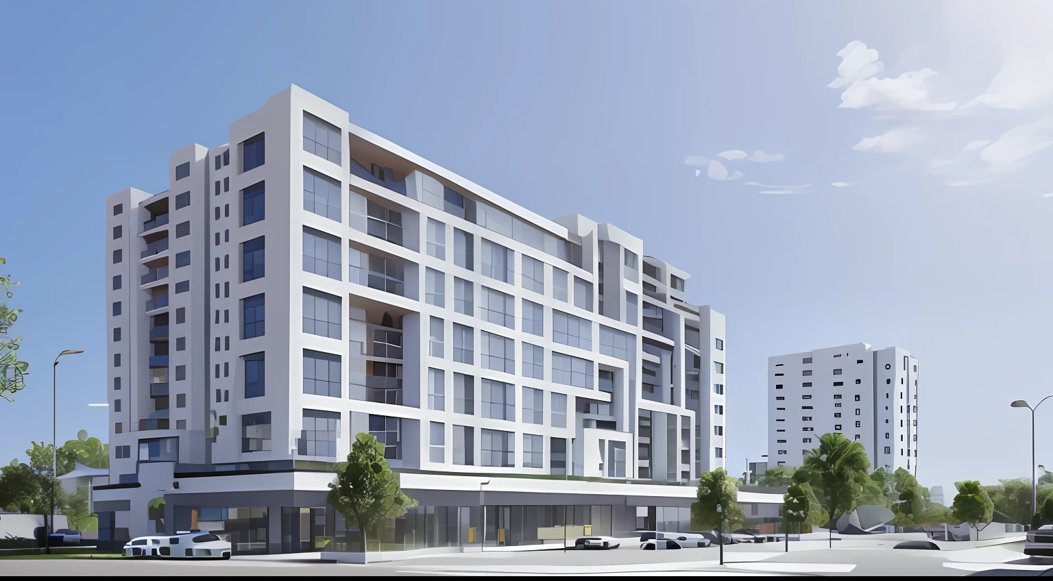 rendering of a modern apartment building with a parking lot in front, mantra rendering, mid-view, wide angle exterior 2022, residential, oktane render, render corona, high render, architectural 3 d render, architectural render, architectural rendering, precise architectural rendering, rendering, architecture render, complex 3d render, complex 3 d render, architectural visualization