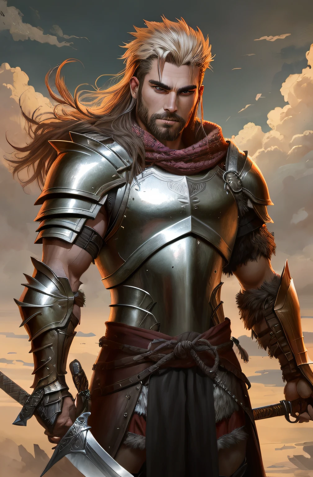 Portrait of male warrior with sword and armor standing in front of an overcast sky, male warrior, male barbarian, epic fantasy character art, fantasy warrior