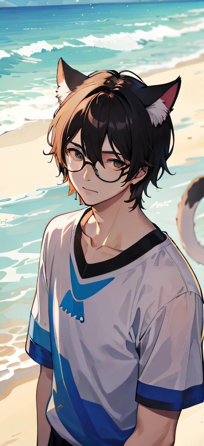 sunny beach background, beautiful, man with cat ears, glasses, wearing a songkran shirt