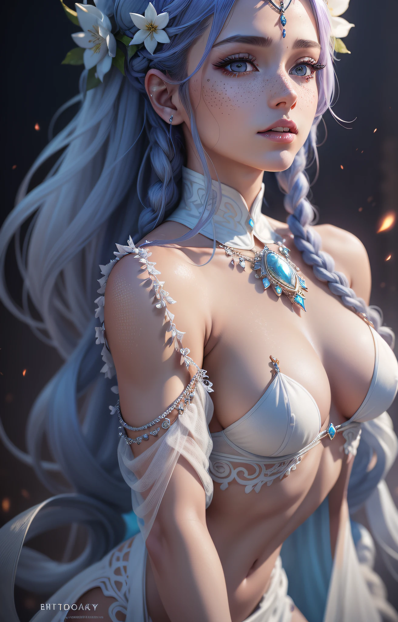 Beautiful goddess wearing a long dress made of ice flowers, back facing the camera, looking back over her shoulder, bending over, posing for a picture, cinematic goddess body shot, sexy body, realistically shaded perfect body, colored hair with braids, photorealistic perfect body, unreal engine rendering + a goddess, goddess. extremely high details, beautiful goddess, photorealistic anime girl rendering, beautiful female body, perfectly shaded body, sexy hot body, cleavage, moist skin, tan, medium breasts, complicated, naughty, seductive look, piercing, trending on ArtStation, slim waist, narrow hips, slim body, hourglass body, looking back over the shoulder, perfect detailed eyes, freckles, under boob, side boob, perfect small butt