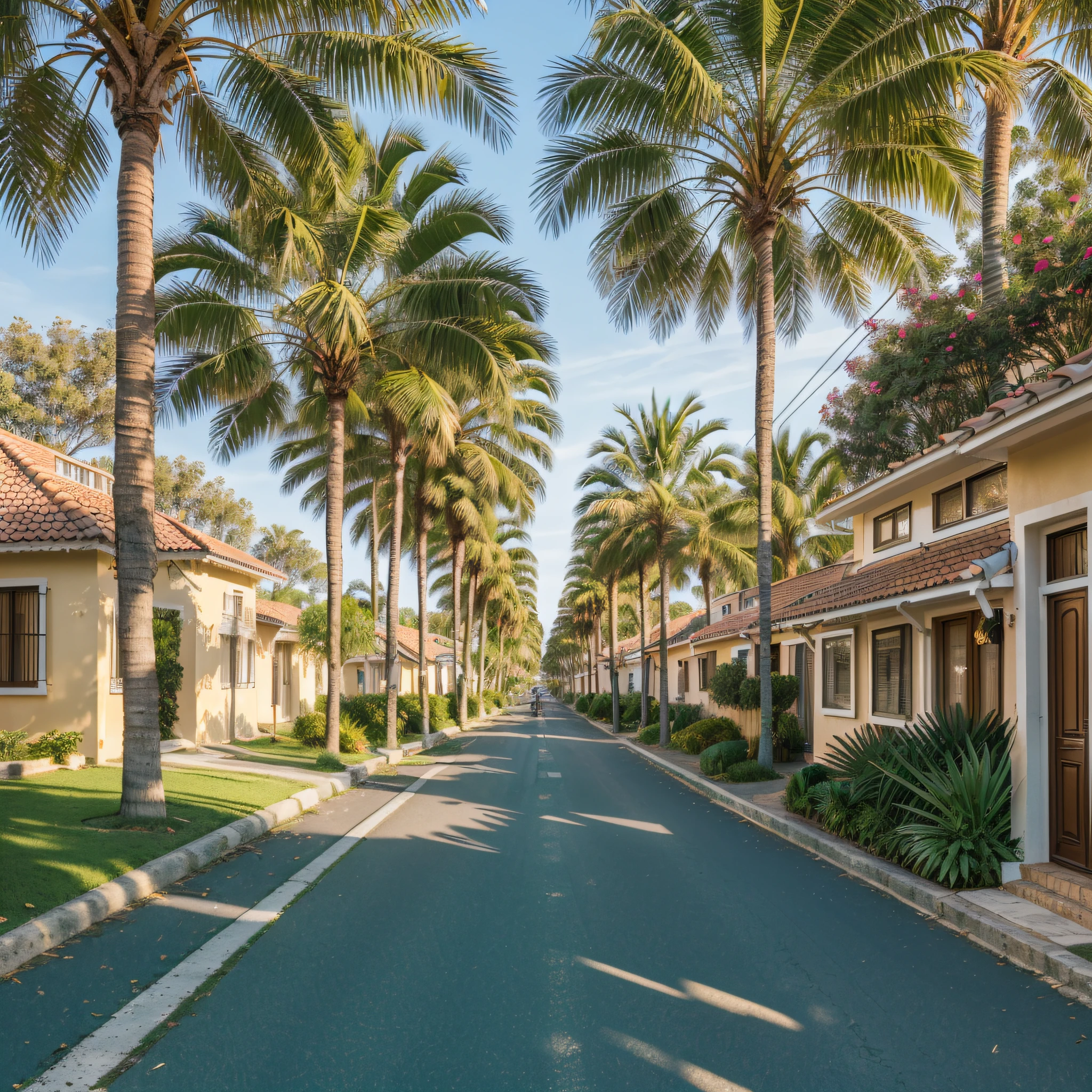 (better quality, better lighting, ultra-fine details),(a small street in the suburb),(people from the coast, more women),loose hair,(colorful clothes),(tanned, tanned skin),(late afternoon),(elongated shadows, Volumetric light),(calm atmosphere),(green trees in the background) --auto --s2